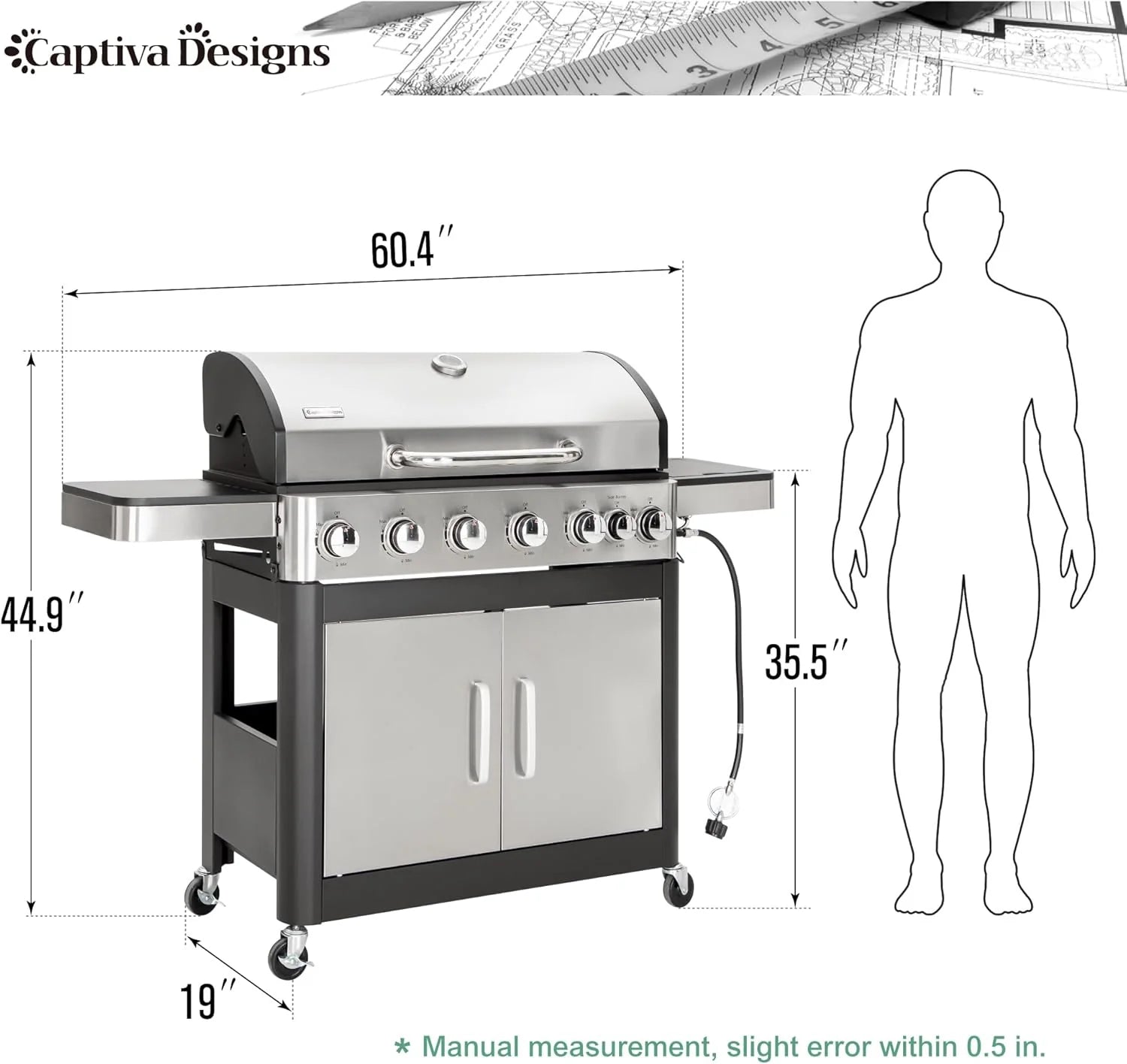 Captiva Designs 4-Burner Propane Gas BBQ Grill with Side Burner & Porcelain-Enameled Cast Iron Grates, 42,000 BTU Output Stainless Steel Grill for Outdoor Cooking Kitchen and Patio Backyard Barbecue