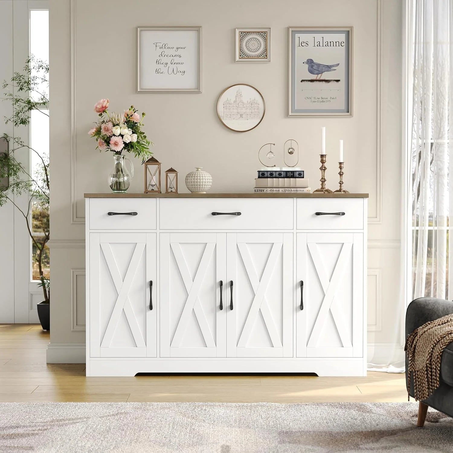 HOSTACK Buffet Cabinet with Drawers, 55 Large Sideboard Buffet Storage Cabinet with Shelves and Doors, Modern Farmhouse Coffee Bar Station Wood Kitchen Table for Kitchen, Dining Room, White/Rustic