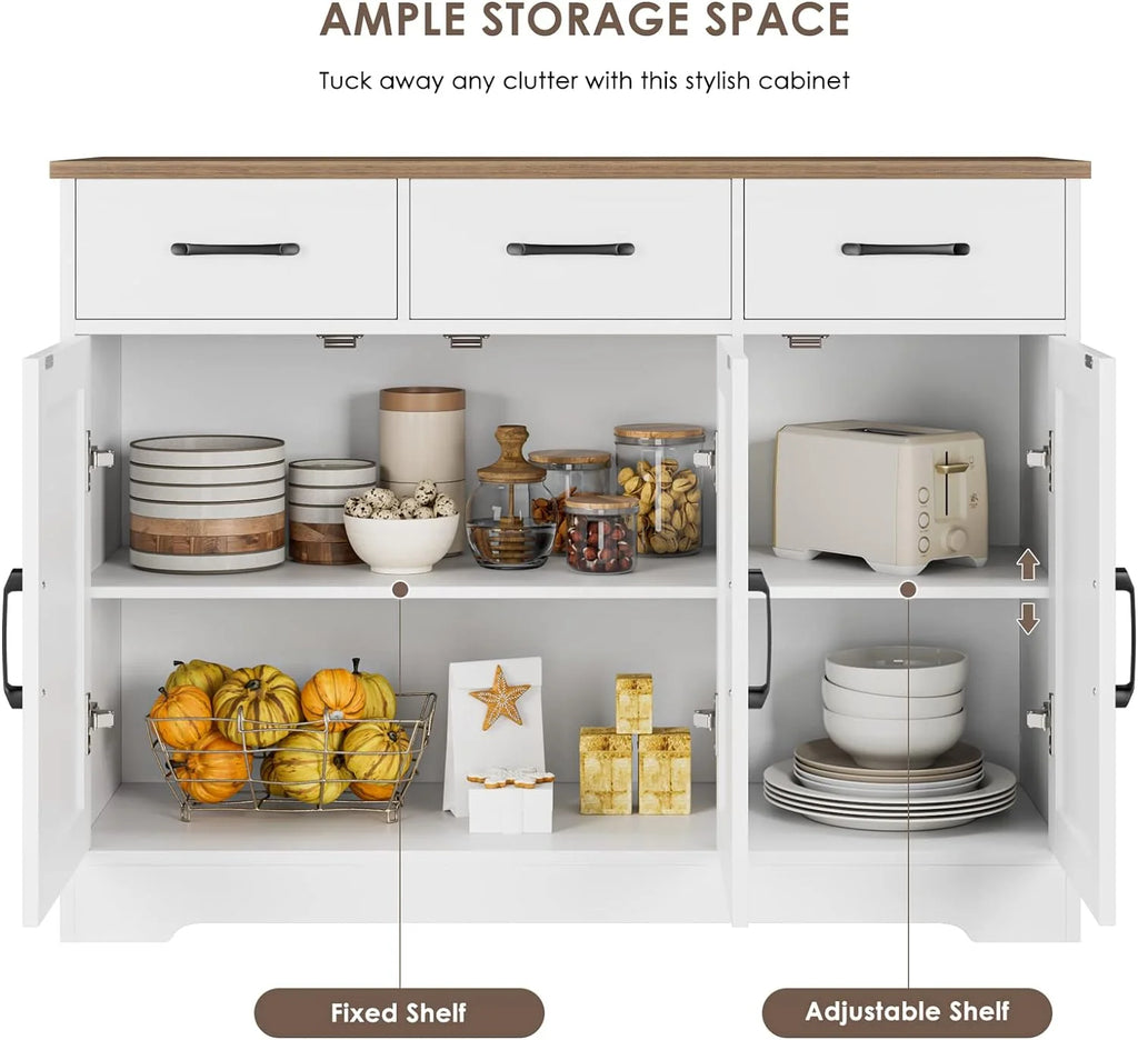 Modern farmhouse sideboard, barn door buffet storage cabinet with drawers and shelves, wooden coffee bar with storage