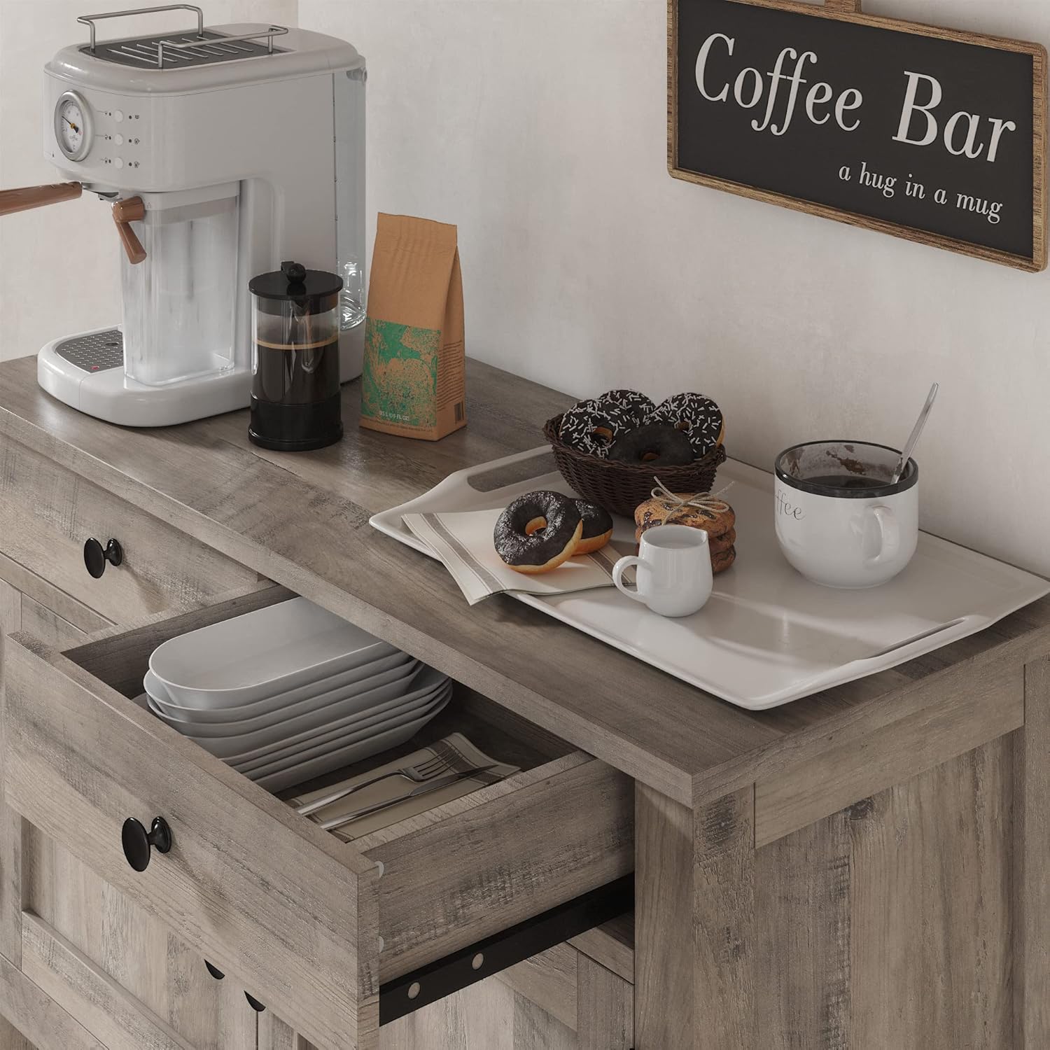 Farmhouse style console table coffee bar, entry table with storage rack, sofa table buffet sideboard