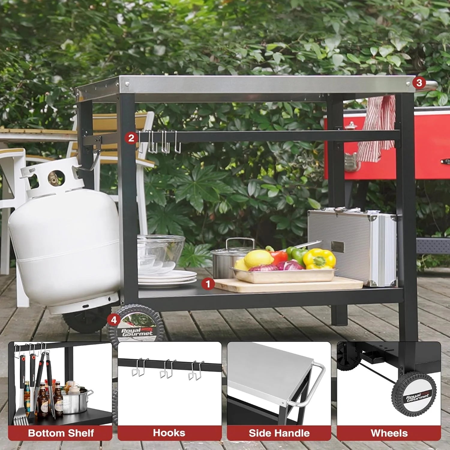Royal Gourmet Dining Cart Table with Double-Shelf, Movable Stainless Steel Flattop Grill Cart, Hooks, Side Handle, Multifunctional PC3401B (Black)