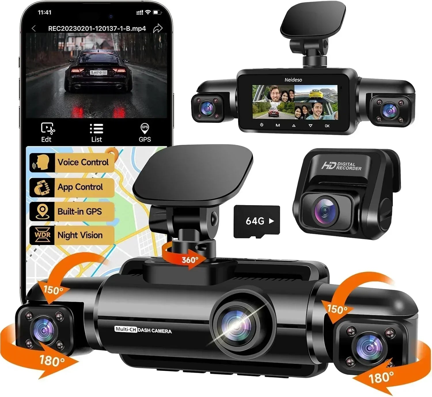 360�� Dash Cam 4-Channel FHD 4*1080P Wi-Fi GPS Voice Control Car Camera Front 2K+1080P