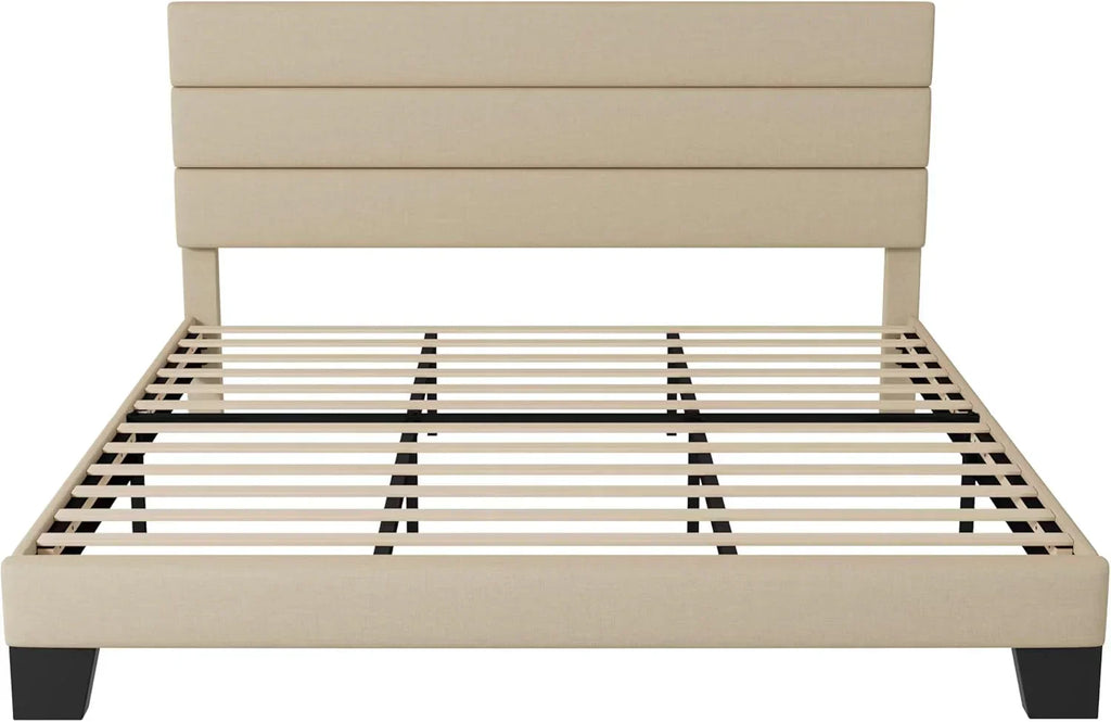 Allewie Queen Size Platform Bed Frame with Fabric Upholstered Headboard Wooden Slats Support