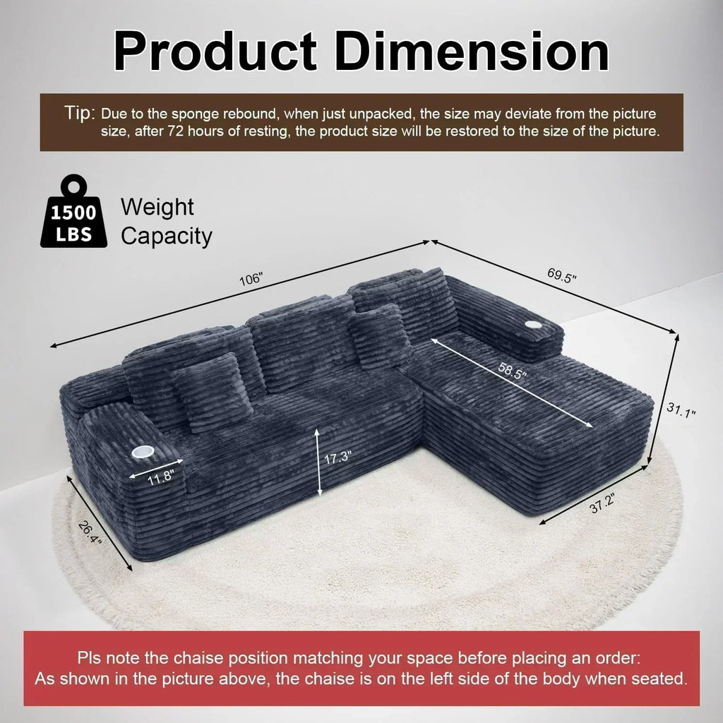 Cloud Sectional Couch with L Shape Chaise Modern Modular Sofa with Deep Seat Built in Cup Holder