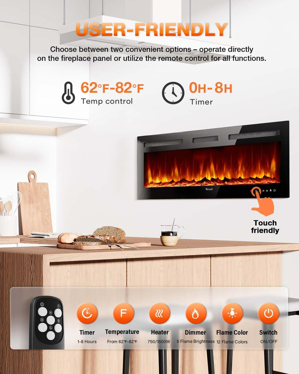 Electric Fireplace 60Inch Wall Mounted Electric Fireplace Heater with Timer Inserts TV Stand