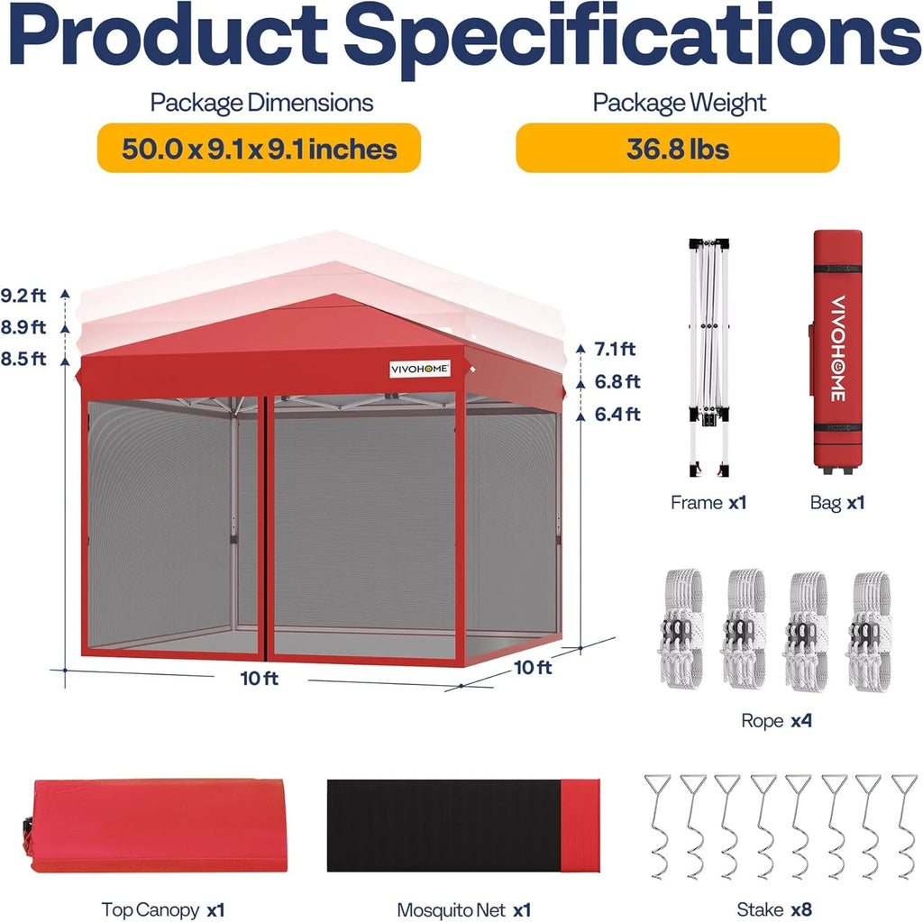 10x10ft Easy Pop-Up Canopy, Outdoor Screen Tent with Mosquito Netting, 2 Zipper Doors, and Roller Bag for Yard Camping Picnic Party Events, Beige