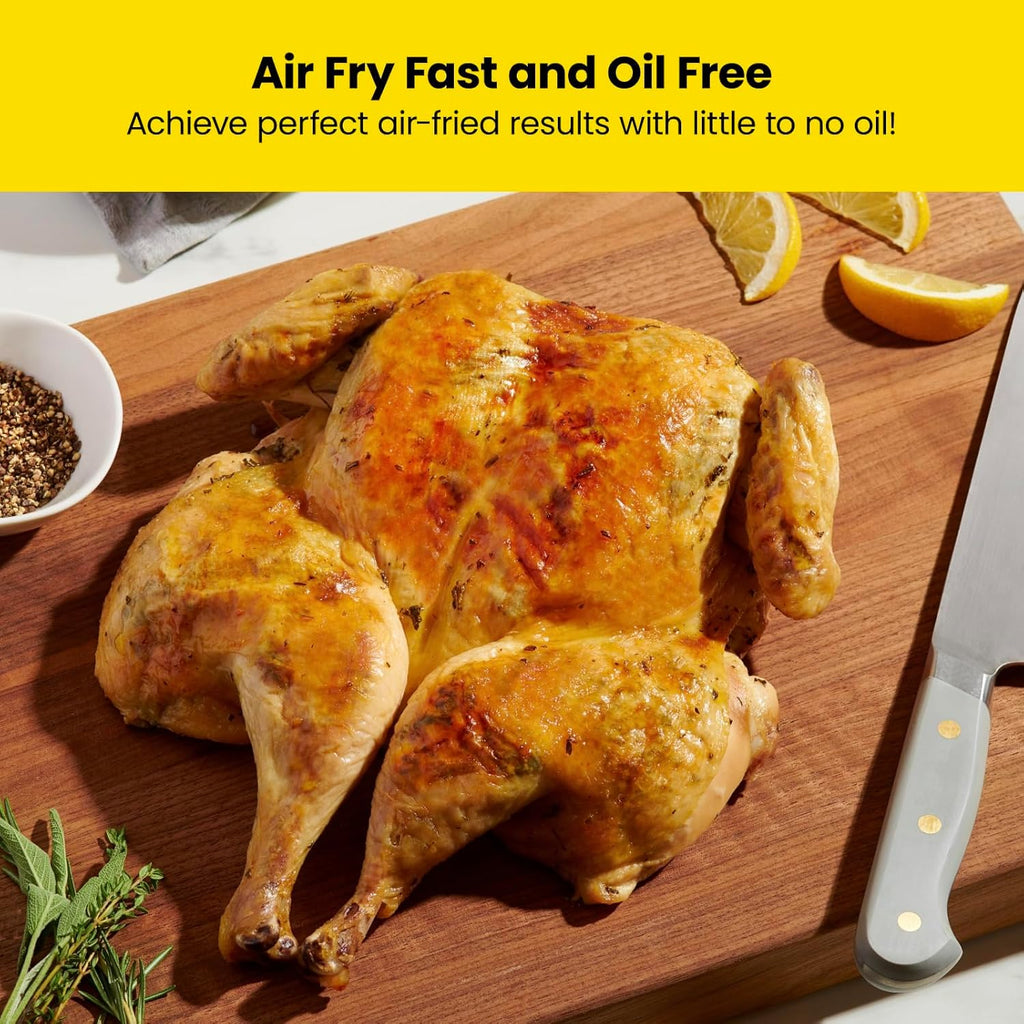 Chefman 6-Quart Double Basket Air Fryer with Easy View Window uses two separate 3-quart nonstick pans.