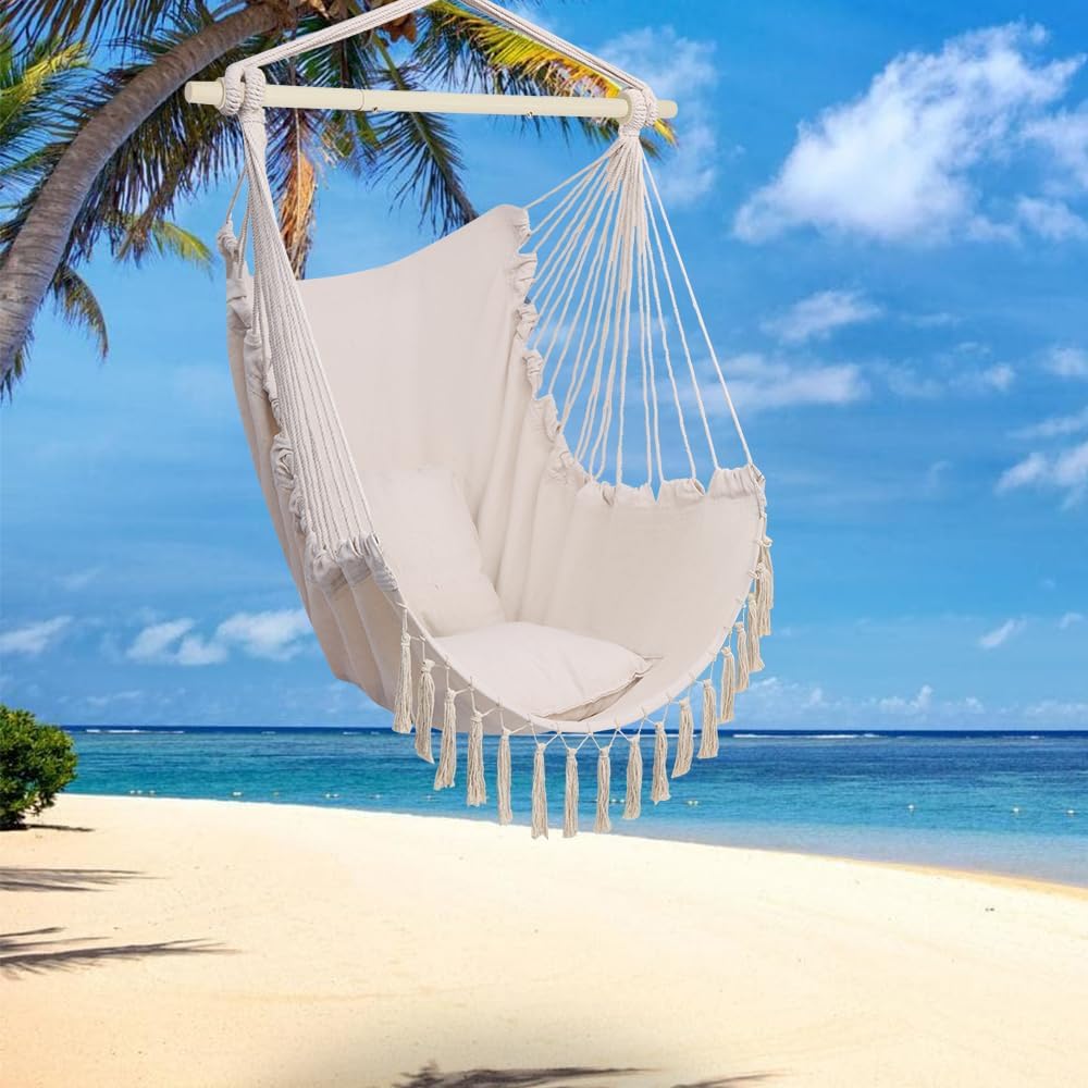 ONCLOUD Hammock Chair Hanging Rope Swing, Load Capacity Up to 550 LBS Macrame Hammock Swing Seat with Two Cushions, Hammock Seats with Portable Steel Spreader Bar for Indoor/Outdoor, Black