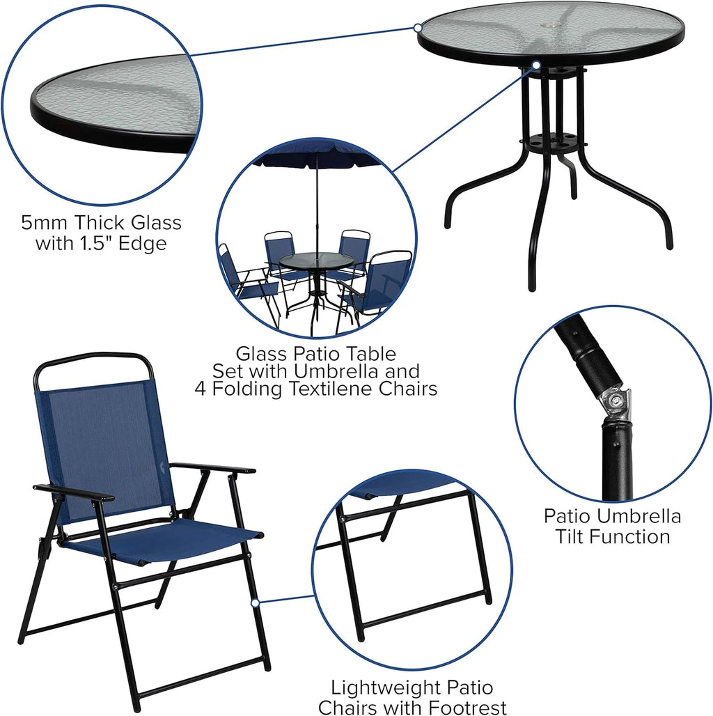 EMMA + OLIVER 6 Piece Brown Patio Garden Set with Umbrella Table and Set of 4 Folding Chairs