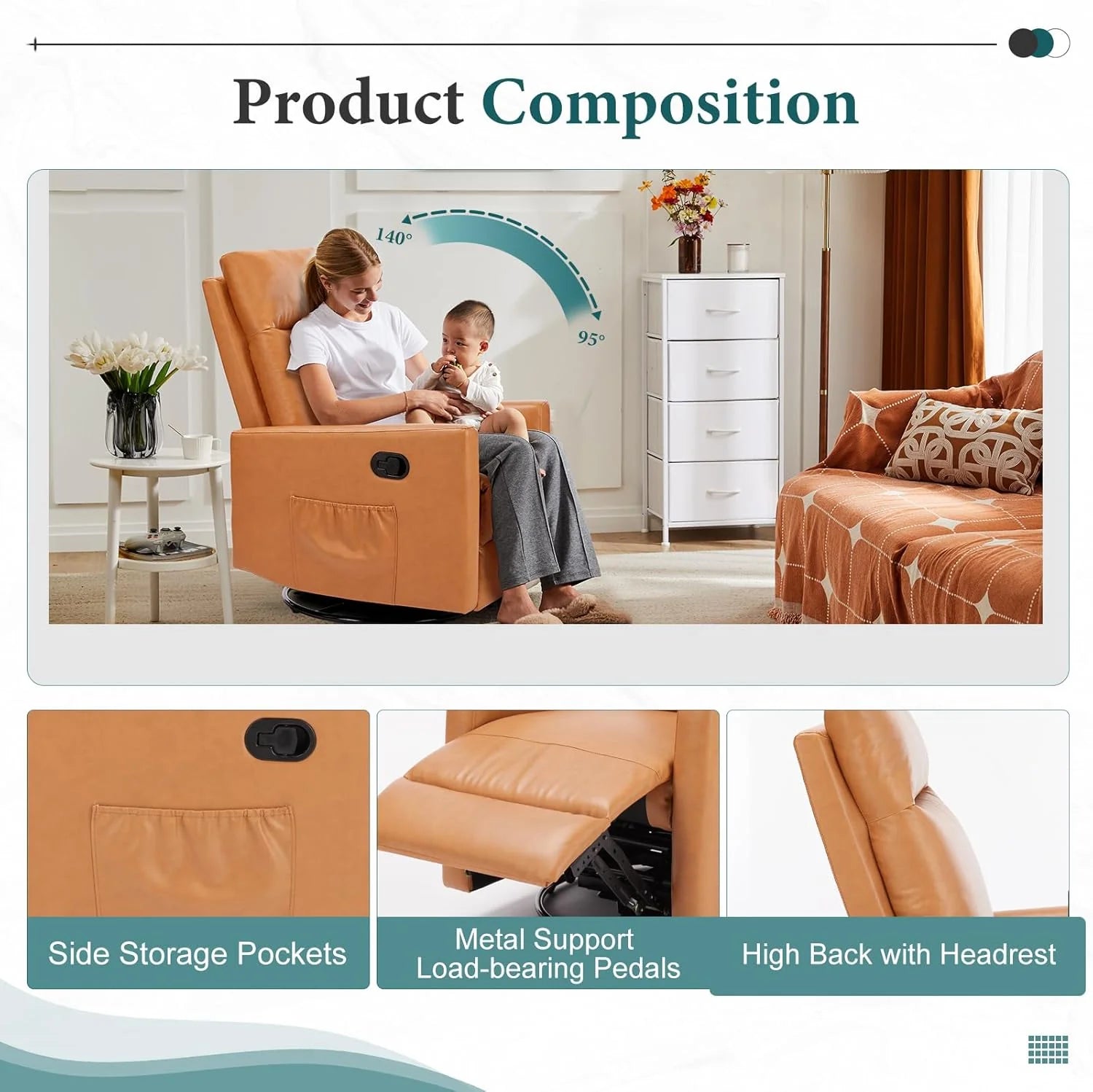 Swivel Rocking Recliner Chair with Extra Large Footrest High Back, Upholstered Glider Nursery Chair for Living Room, Bedroom & Nursery, Comfortable Deep Seat for Relaxation, Grey