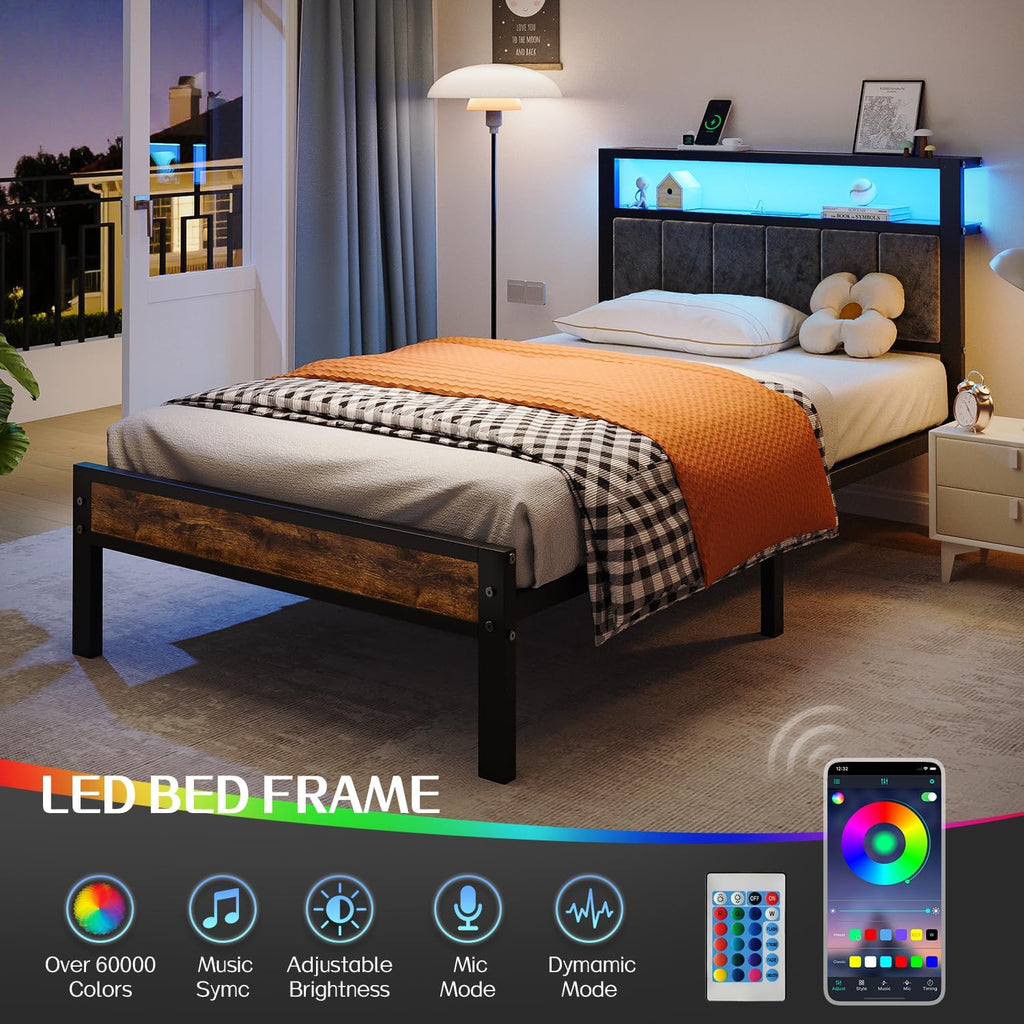 Queen Size Bed Frame with 2-Tier Storage Shelves Headboard Platform Bed with Charging Station