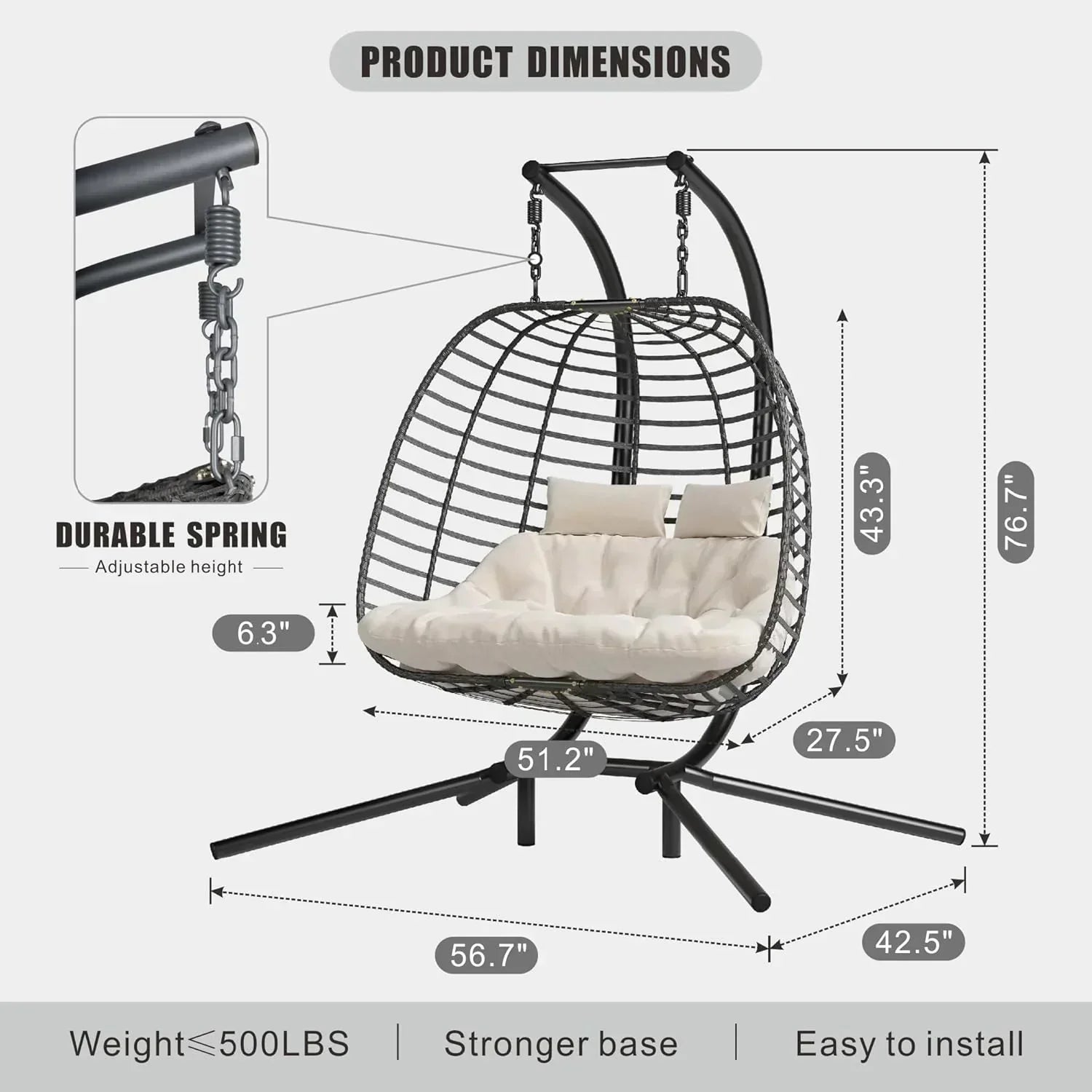 HWB Hanging Egg Chair with Stand Patio Wicker Hammock Egg Swing Chair Cushion for Bedroom