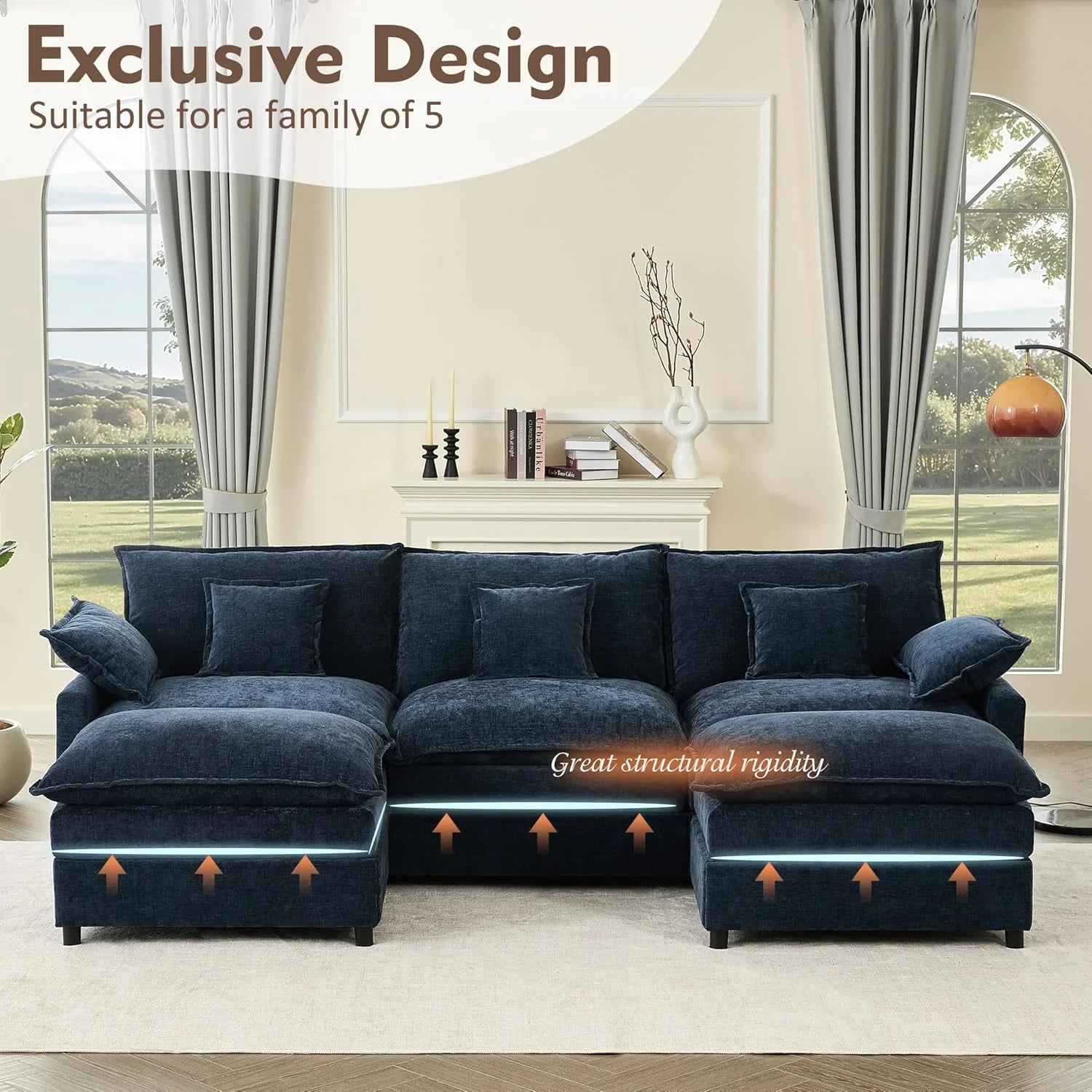 108 Inch U Shape Sofa Sectional Sofa Comfortable Cloud Sofa with Removable Footstool