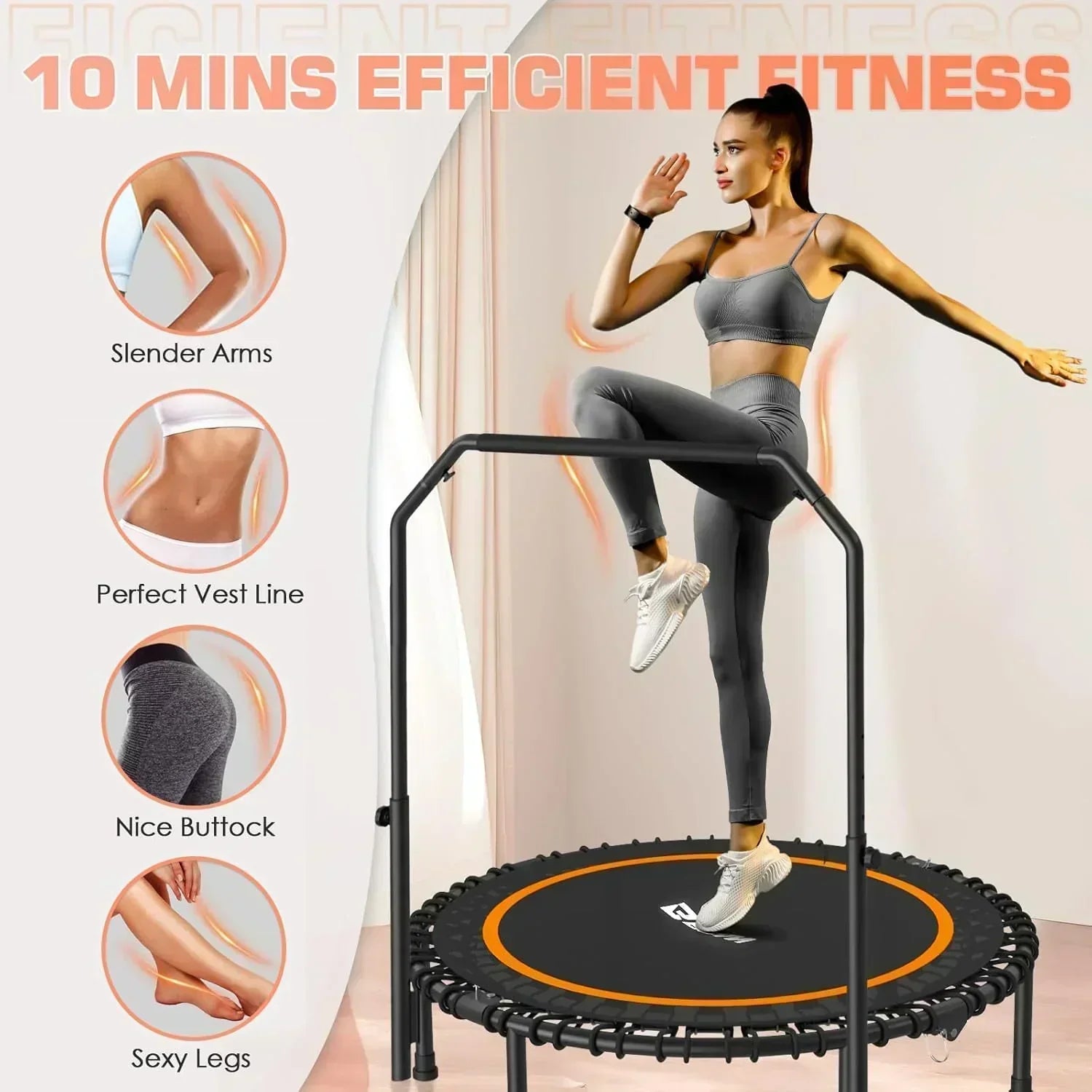 BCAN 450/550 LBS Foldable Mini Trampoline Fitness Trampoline Bungees Adjustable Foam Handle