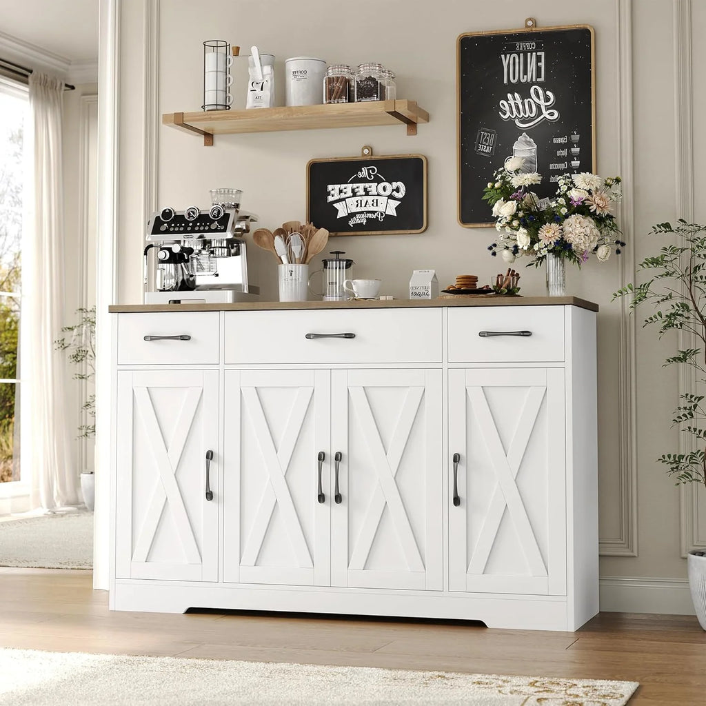 HOSTACK Buffet Cabinet with Drawers, 55 Large Sideboard Buffet Storage Cabinet with Shelves and Doors, Modern Farmhouse Coffee Bar Station Wood Kitchen Table for Kitchen, Dining Room, White/Rustic
