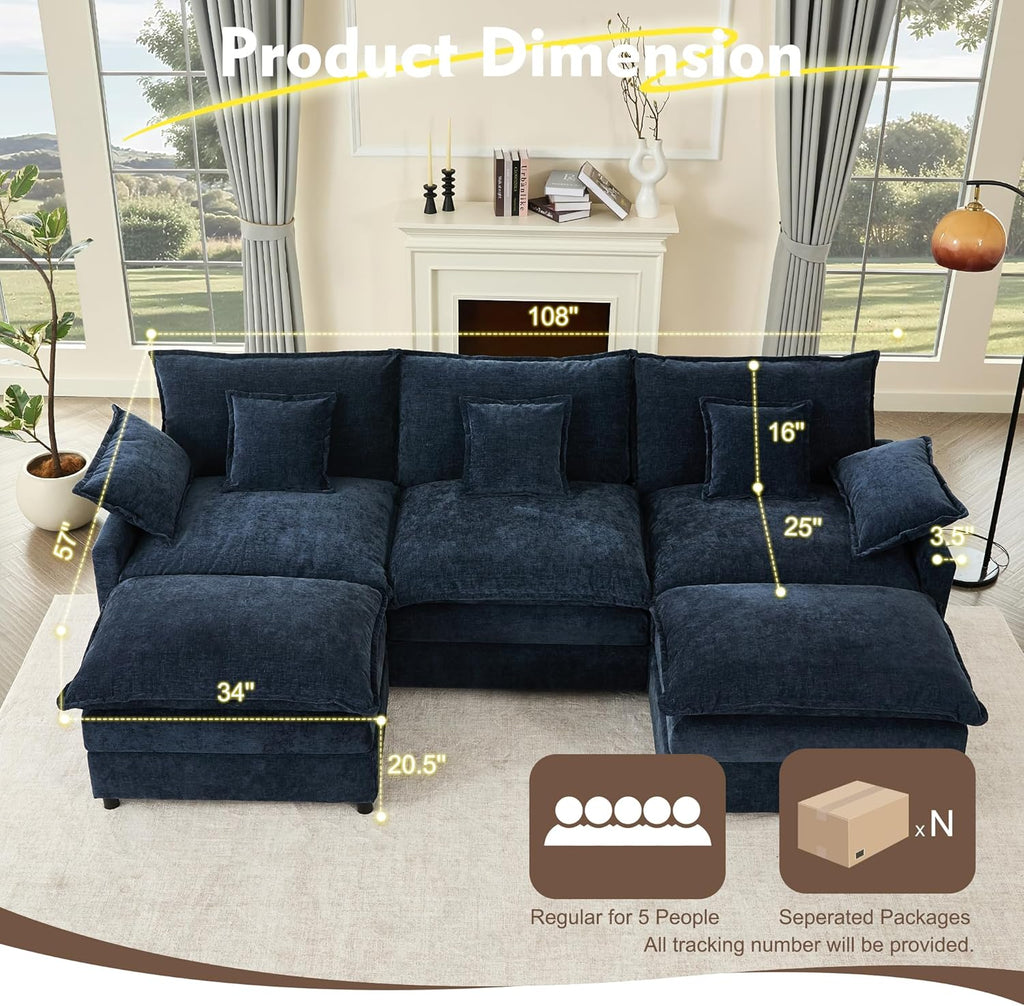 108 Inch U Shape Sofa Sectional Sofa Comfortable Cloud Sofa with Removable Footstool