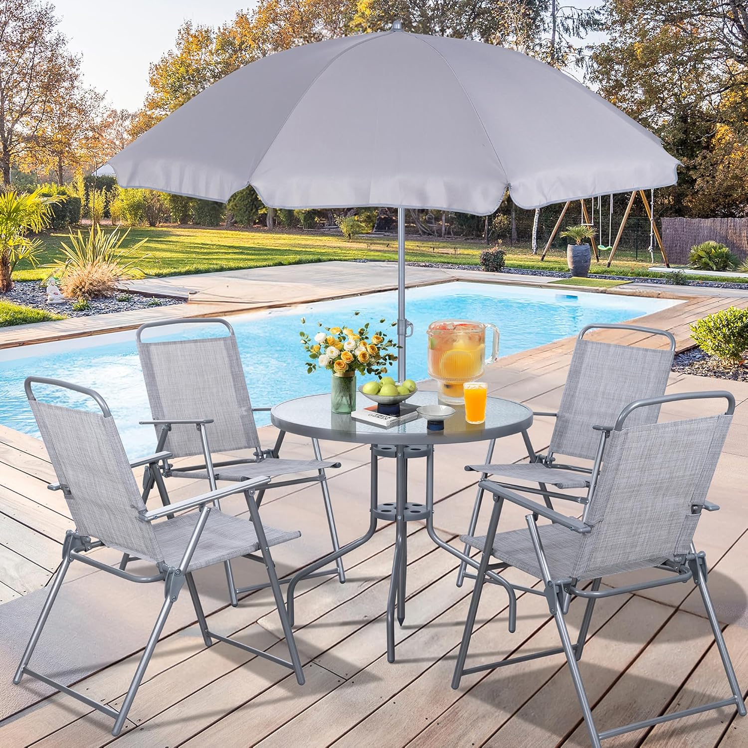 Vongrasig 6 Piece Folding Patio Dining Set,Small Metal Outdoor Garden Patio Table and Chair Set w/Umbrella for Lawn,Deck,Backyard,Black