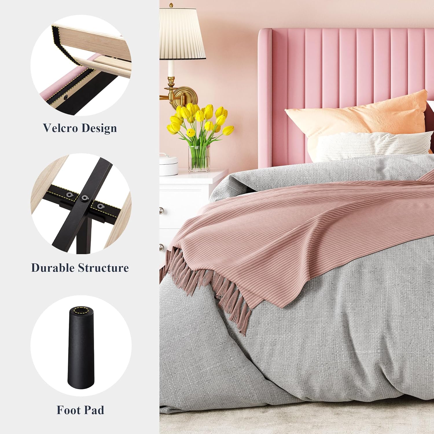 Allewie Full Size Velvet Bed Frame Vertical Channel Tufted Wingback Headboard Upholstered Bed