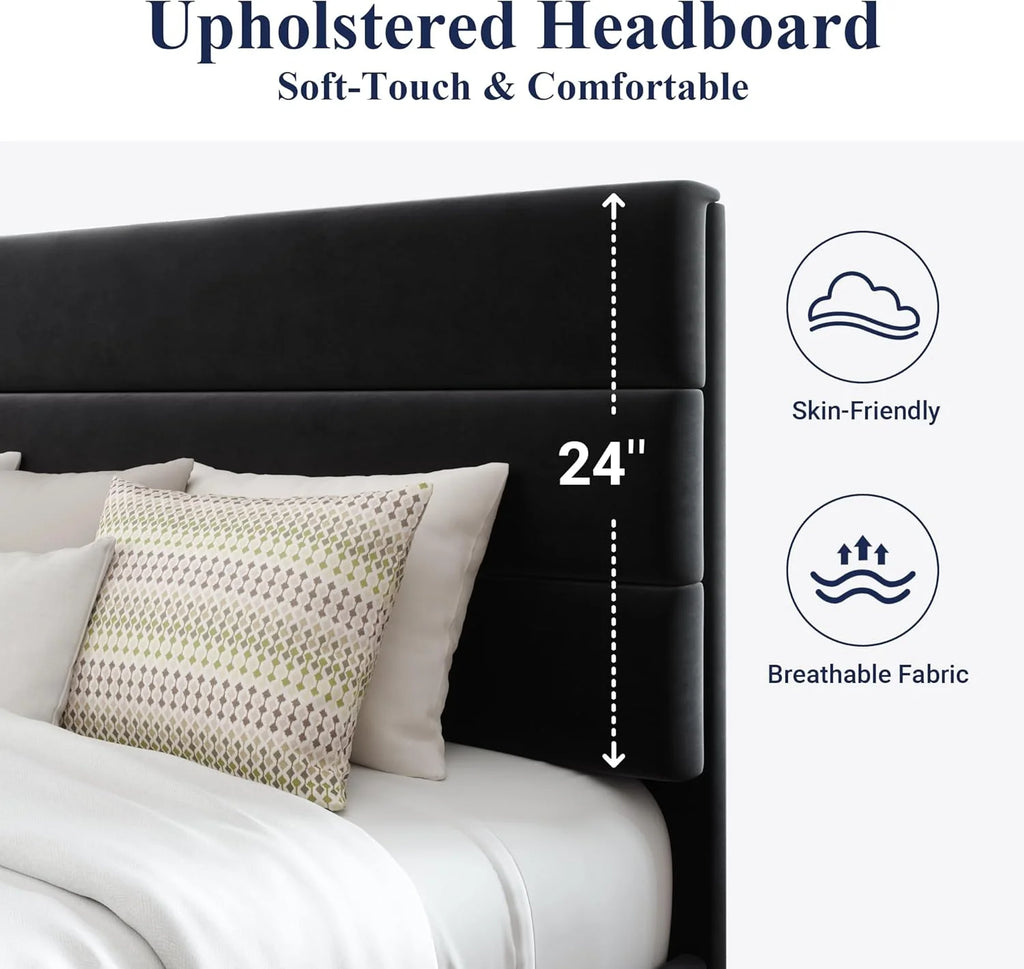Allewie Queen Size Platform Bed Frame Fabric Upholstered Headboard Wooden Slats Support