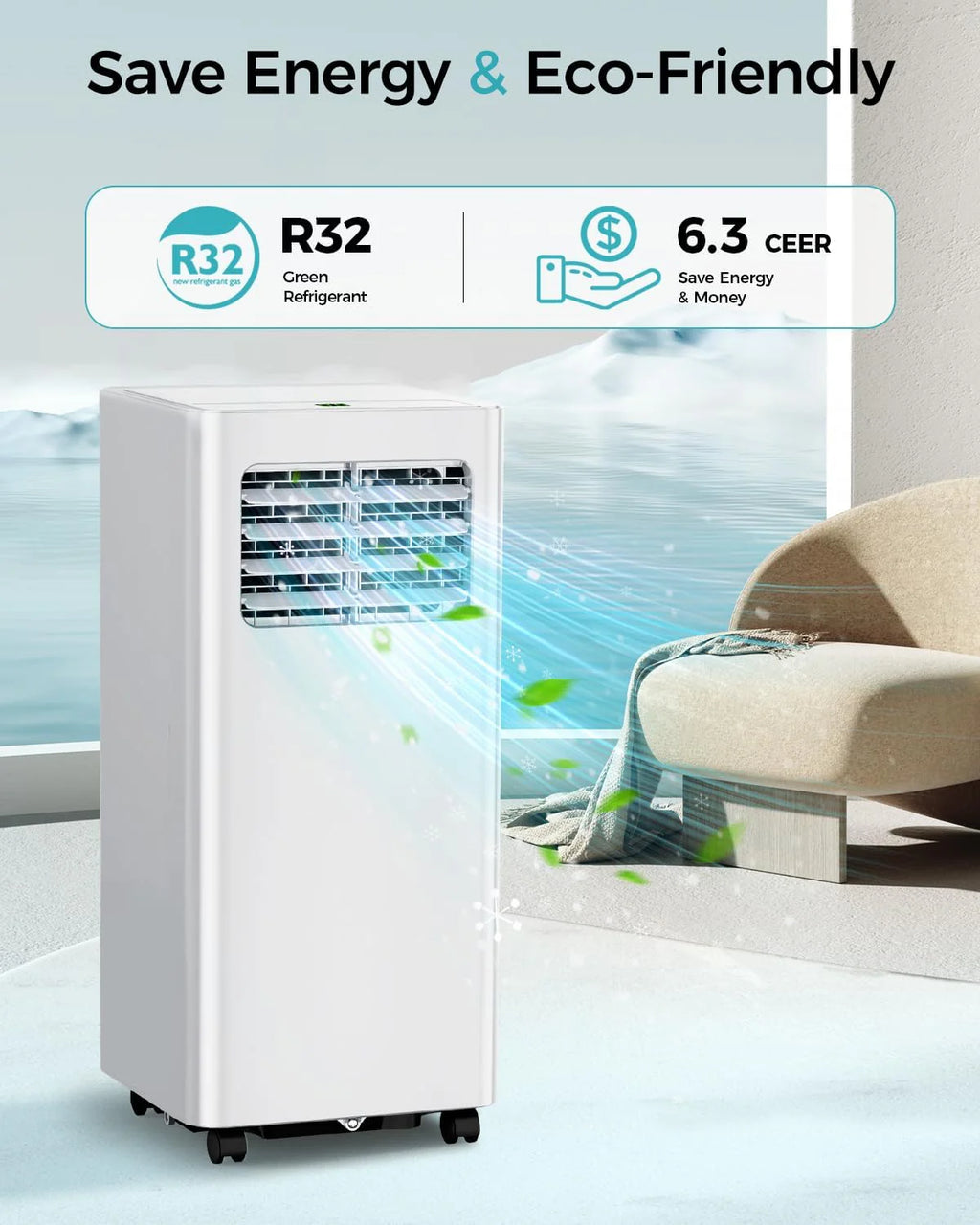 8,000 BTU Portable Air Conditioner - 3-in-1 AC Unit with Remote Control, Ultra-Quiet Cooling for Rooms up to 350 sq. ft., 24H Timer, Sleep Mode