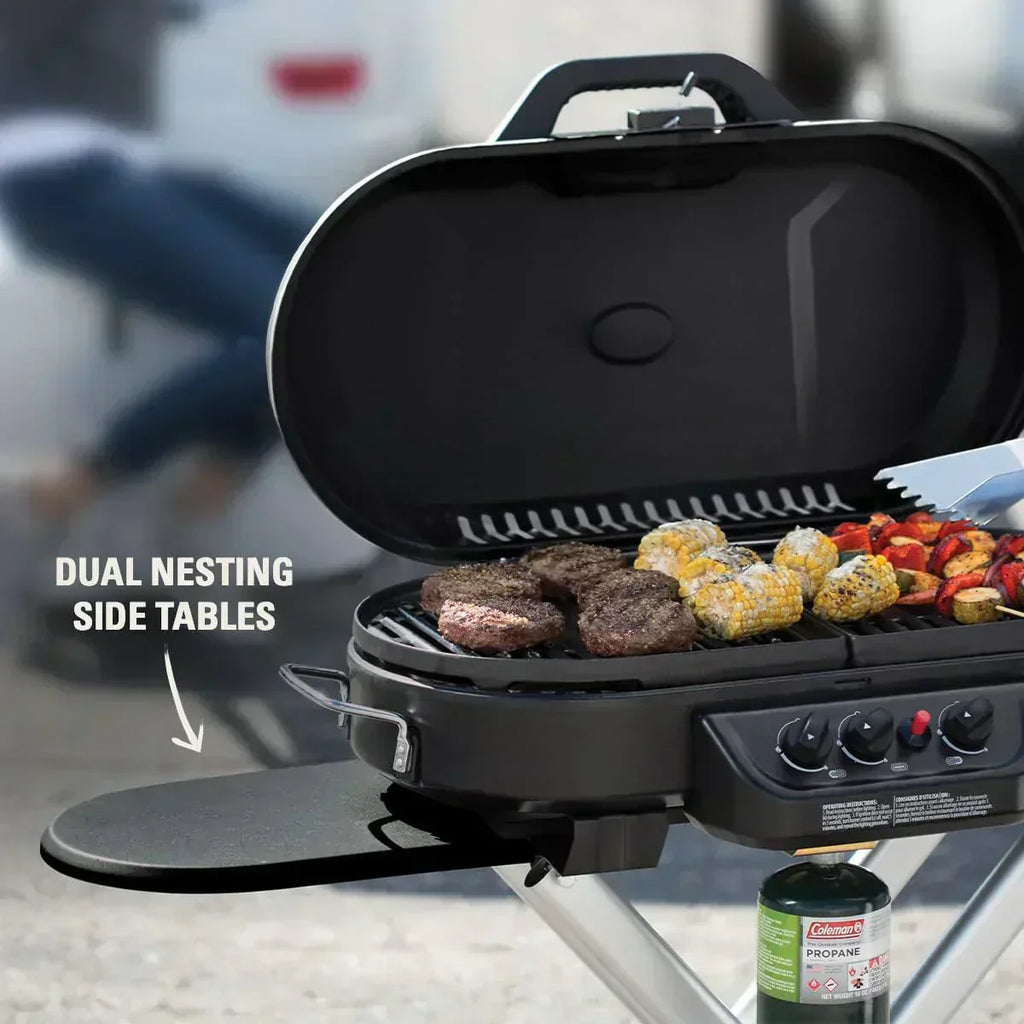 RoadTrip 285 Portable Stand-Up Propane Grill with 3 Adjustable Burners Instastart Ignition 20,000 BTUs