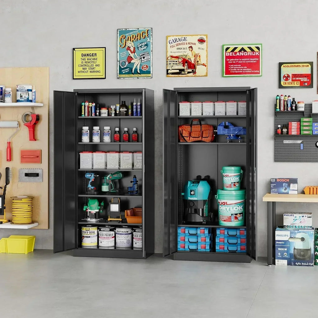 Metal Storage Cabinet with 2 Doors and 6 Shelves Black Metal Cabinet Garage Storage Cabinet
