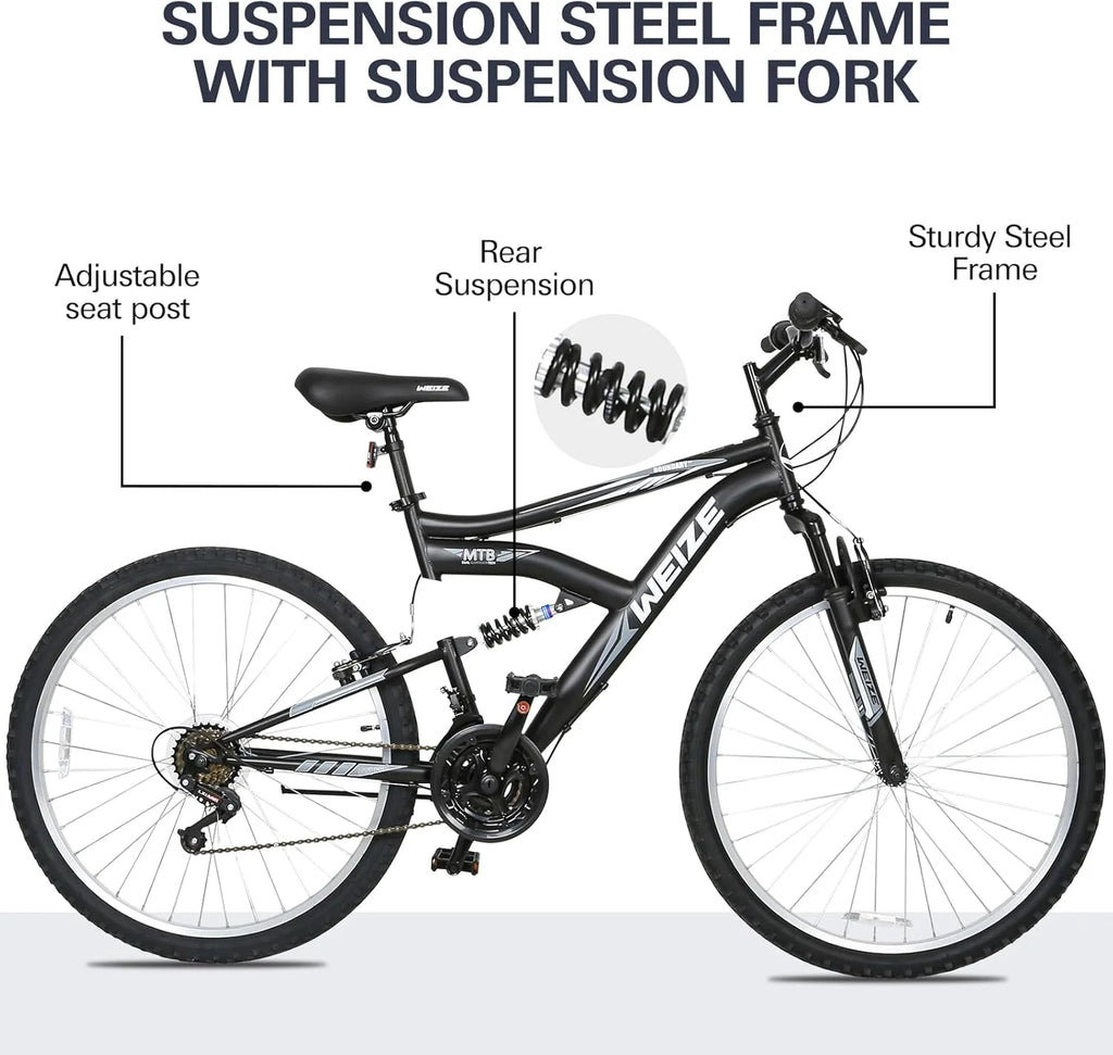 WEIZE Mountain Bike, 26 27.5 inch Outdoor Hybrid Bikes,18-Speed/High-Carbon Steel/Dual Full Suspension, Adjustable Ergonomic Seat for Men Women Adult, MTB Bicycle with Suspension Fork,Sleek Colors