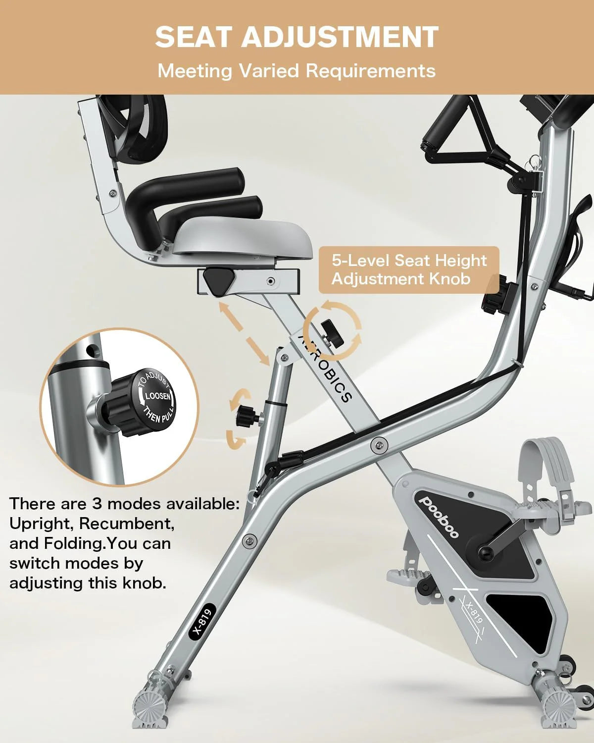 pooboo Folding Exercise Bike, Foldable Fitness Stationary Bike Machine, Upright Indoor Cycling Bike, Magnetic X-Bike with 8-Level Adjustable Resistance, Bottle Holder & Back Support Cushion for Home Gym Workout