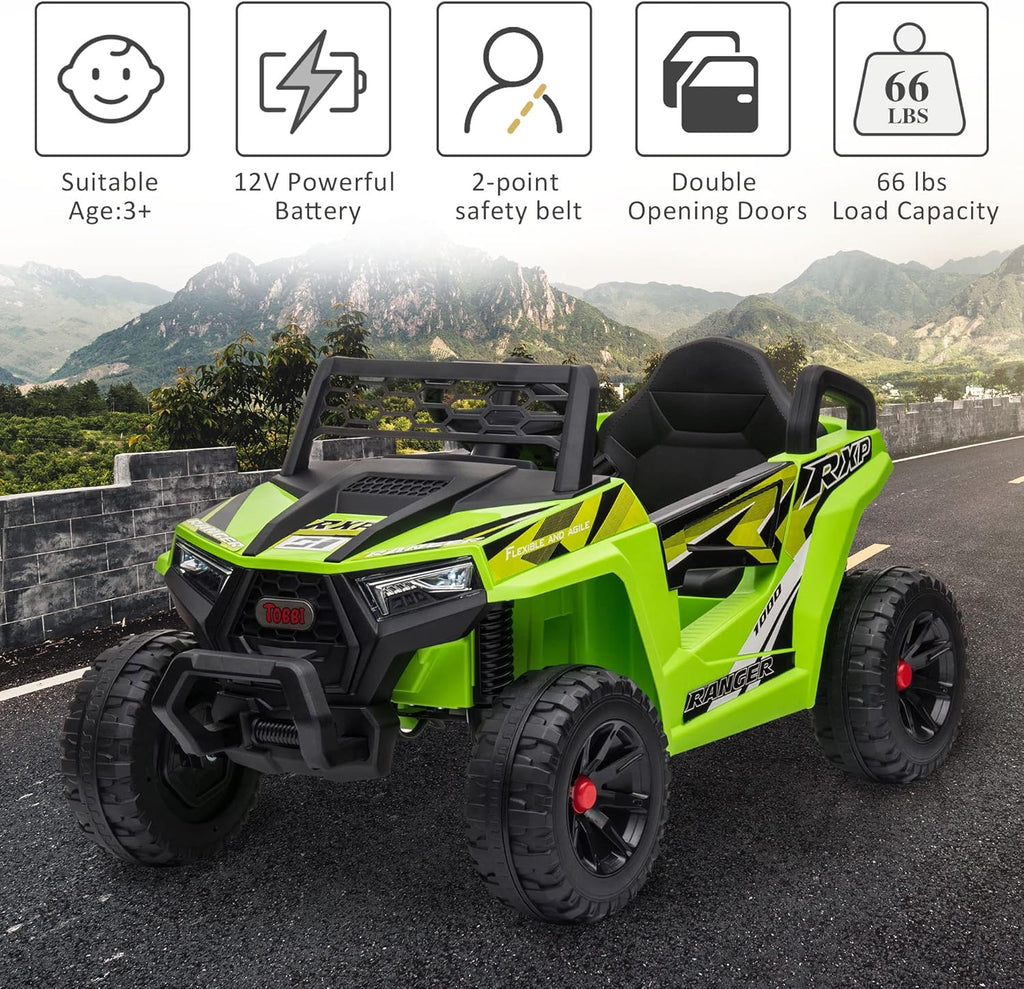 TOBBI 12V Kids Ride on Car, Electric Off-Road UTV Truck with Diverse Functions, Double Open Doors, Safety Belt, Horn, Music, and Lights for Kids Aged 3-5 Years (Rose Red)