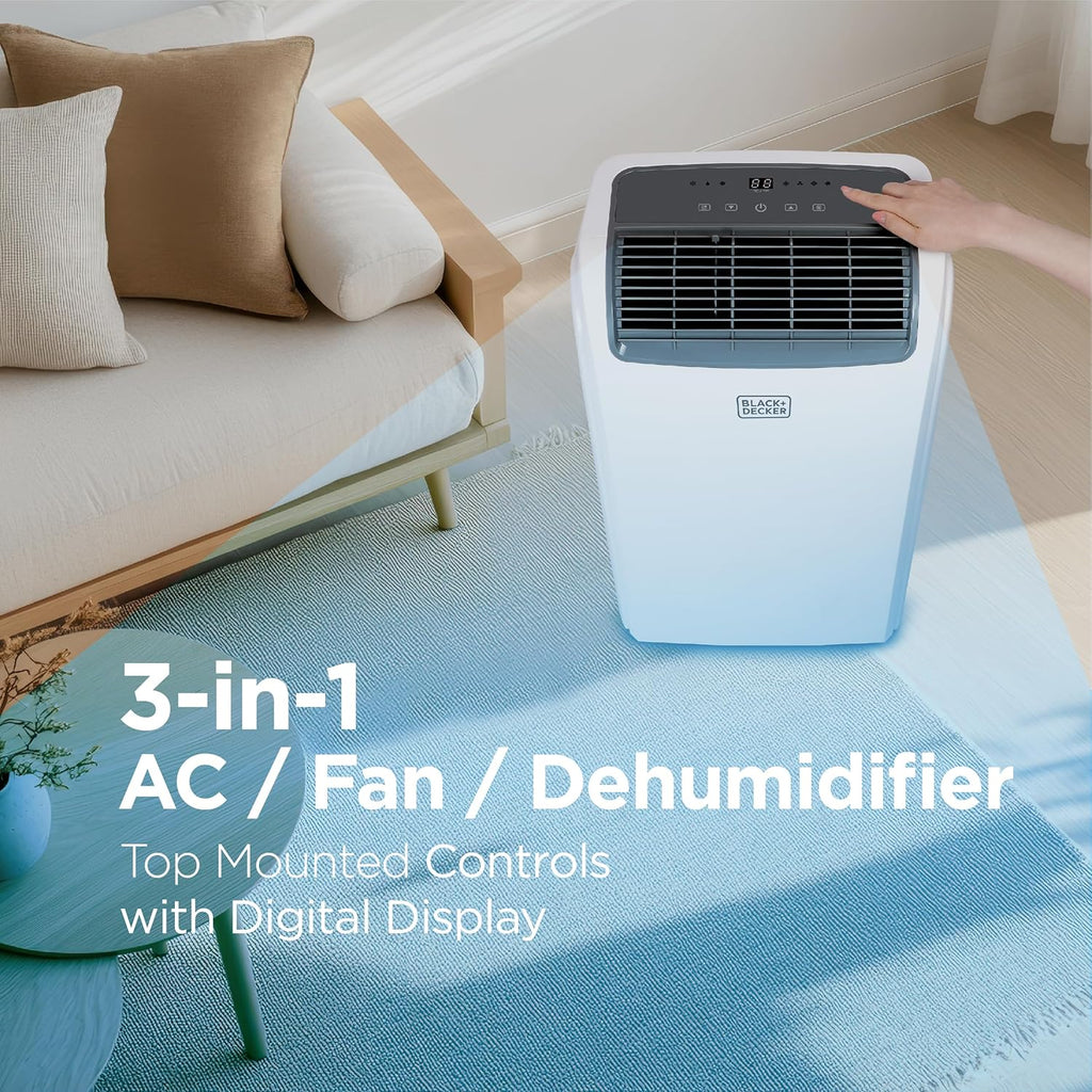BLACK+DECKER Smart Portable Air Conditioner, 12,000 BTU for Rooms up to 550 Sq. Ft., Smart Portable AC with Follow Me Remote and Window Kit, BPACT12WT, White