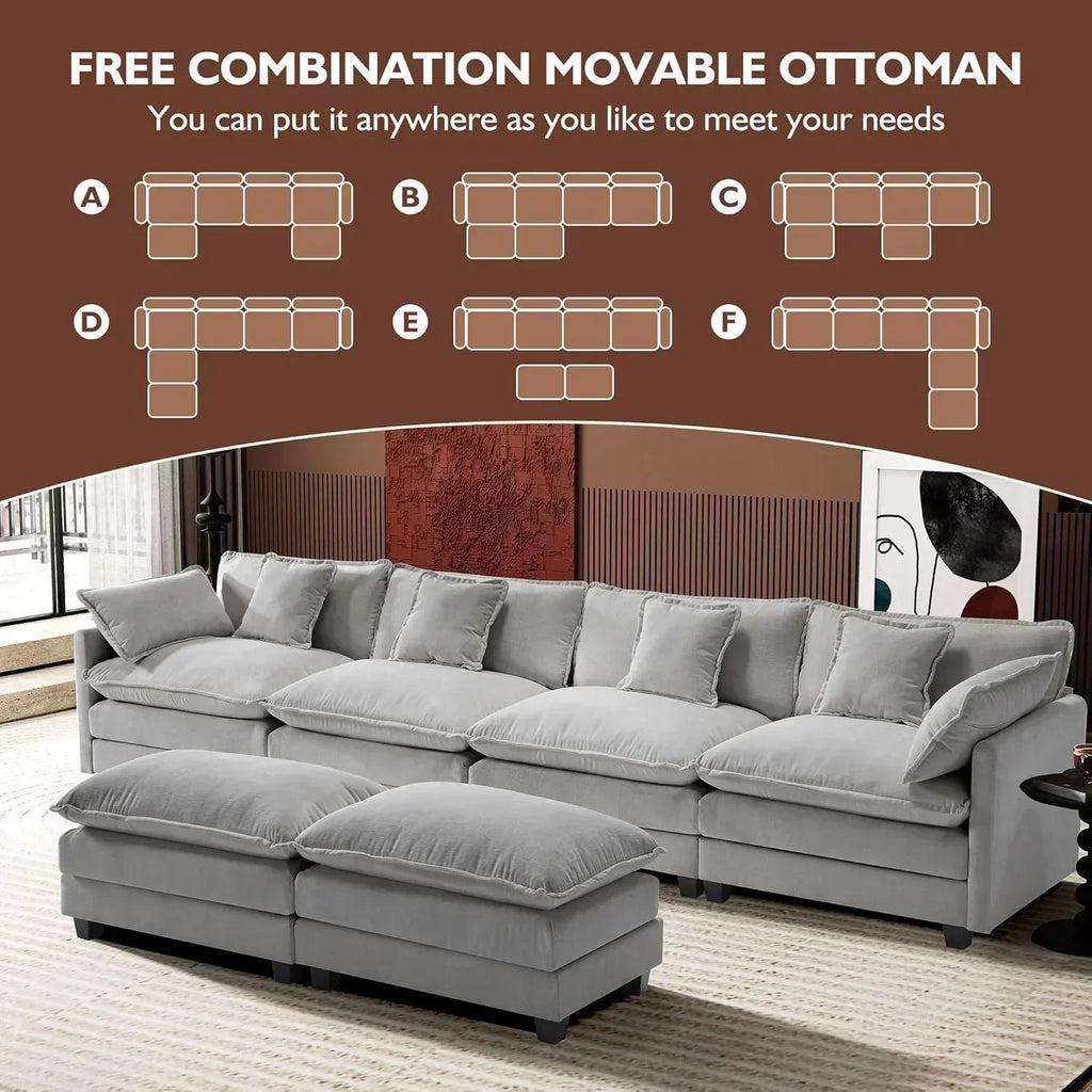 111.4 Inch L Shaped Modern Sofa Modular Cloud Sofa with Ottoman 4 Seater Chenille Deep Seat Sofa