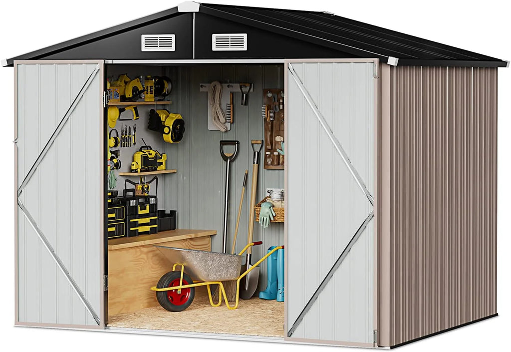 Aoxun 12x10 FT Shed Metal Outdoor Waterproof Storage Shed Steel Utility Garden Tool Shed with Door & Lock Outdoor Storage for Garden Patio Lawn Poolside, Brown