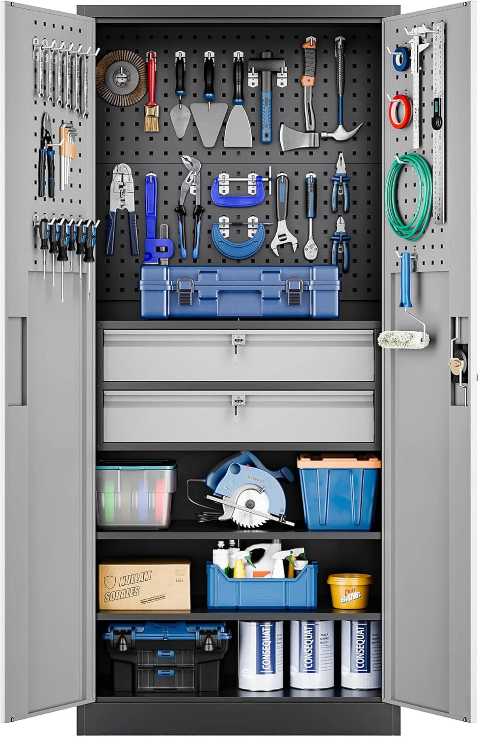 Yizosh Metal Garage Storage Cabinet with Locking Doors and 2 Drawers, Heavy Duty Steel Tool Cabinet with Pegboard, 71 - Lockable Cabinets