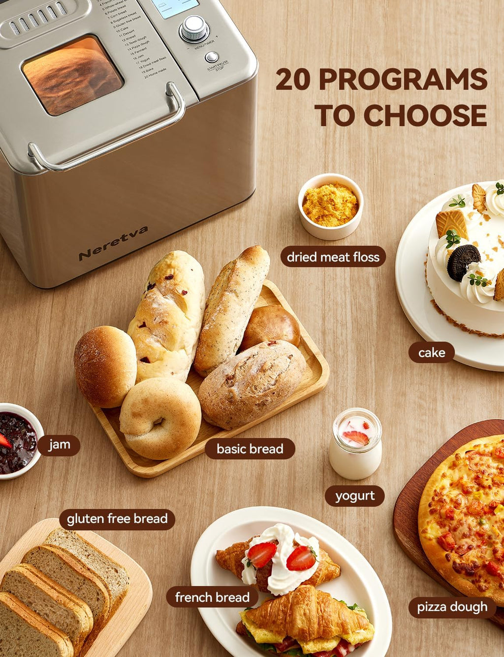 Neretva Bread Maker 20-in-1 2LB Bread Maker Dual Heater Bread Maker Automatic Ceramic Pan