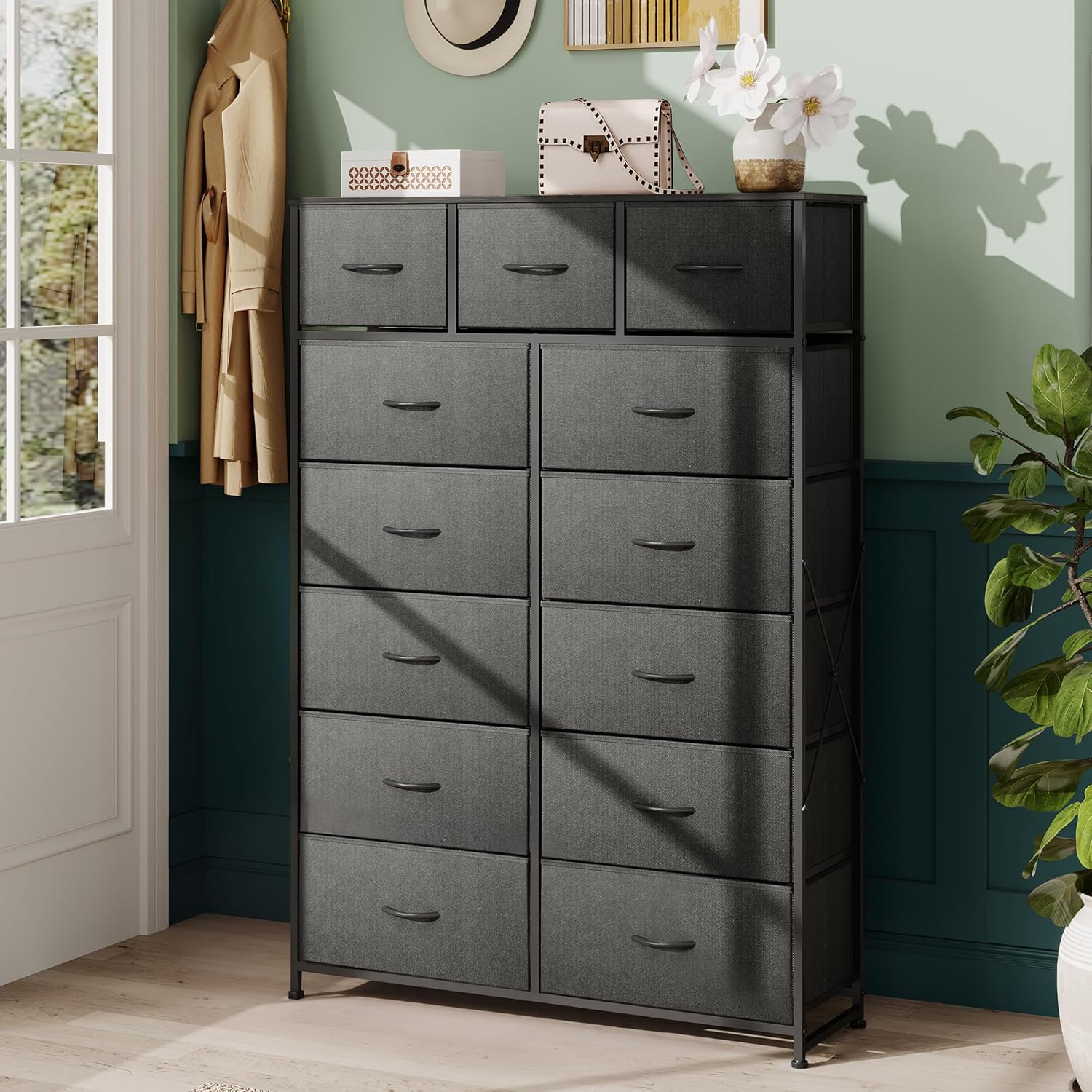 WLIVE Storage Organizer Unit with 13 Fabric Bins, Storage Drawers Organizer with Steel Frame, Tall Storage Tower Organizaton for Living Room, Hallway, Office, Charcoal Black