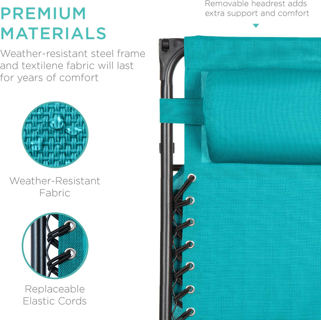 Best Choice Products Folding Zero Gravity Outdoor Recliner Patio Lounge Chair w/Adjustable Canopy Shade, Headrest, Side Accessory Tray, Textilene Mesh - Peacock Blue