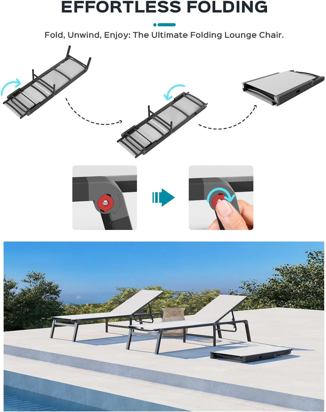 Aluminum Chaise Lounge Ourdoor - Foldable & Assemble Free Outdoor Lounge Chair with 5 Adjustable Backrest, Patio Lounge Chair for Outside Poolside Beach Pool, Black
