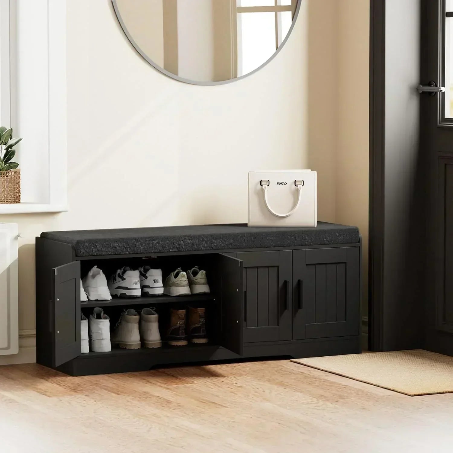 2-Tier Storage Bench Shoe Bench with Thickened Padded Seat Cushion Entryway Bench