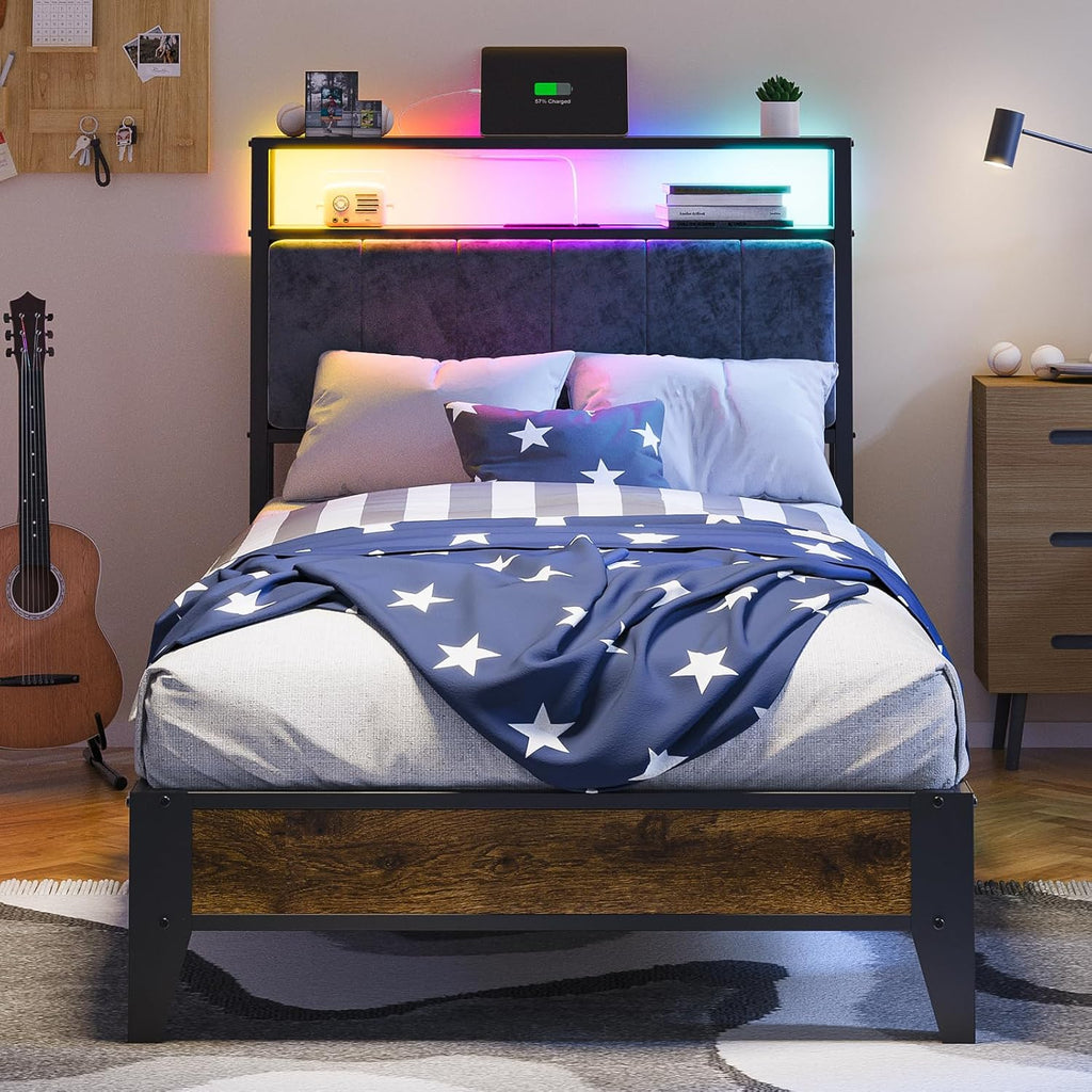 OLEVS Single Bed Frame LED Light Storage Headboard Charging Station Metal Platform Bed