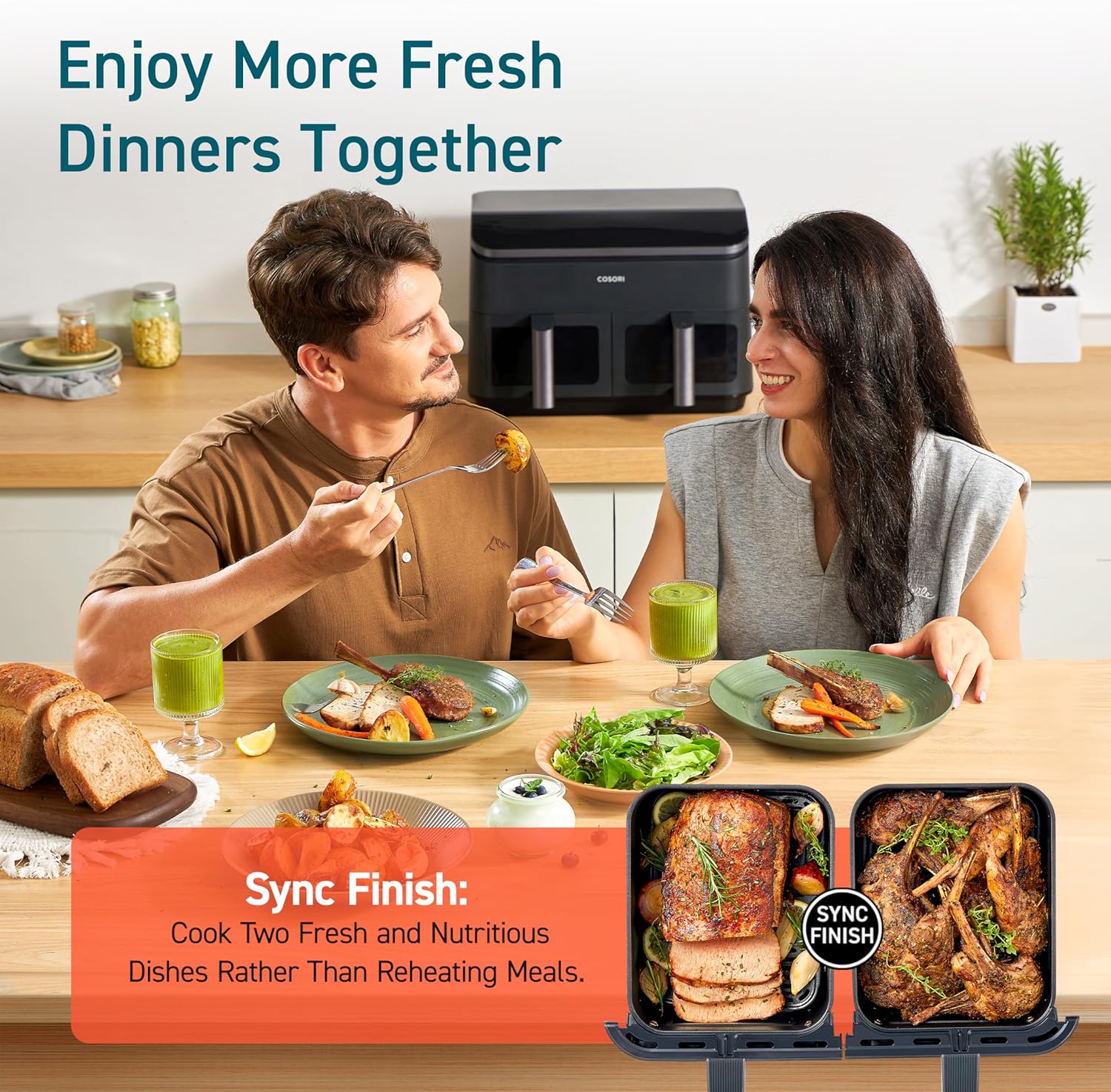COSORI 9Qt 10-in-1 Dual Air Fryer Fresh Balanced Meals for Family Children Double Baskets