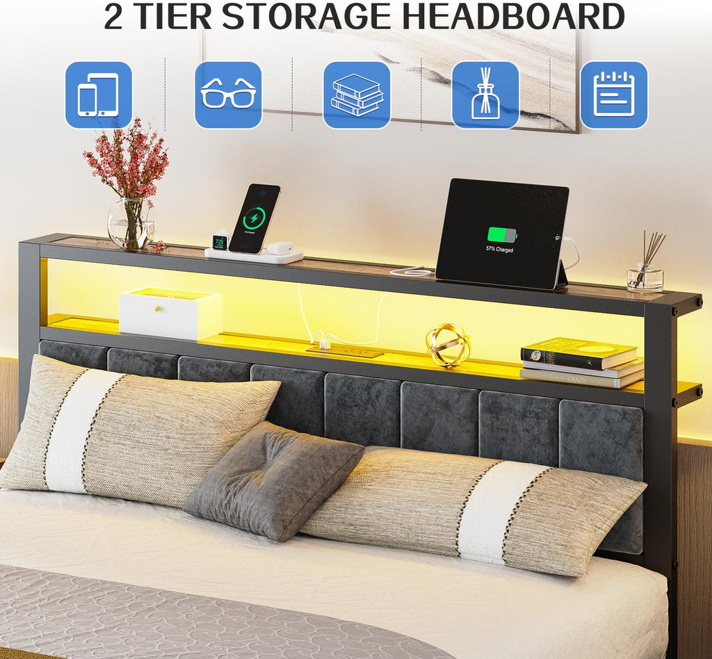 Queen Size Bed Frame with 2-Tier Storage Shelves Headboard Platform Bed Charging Station