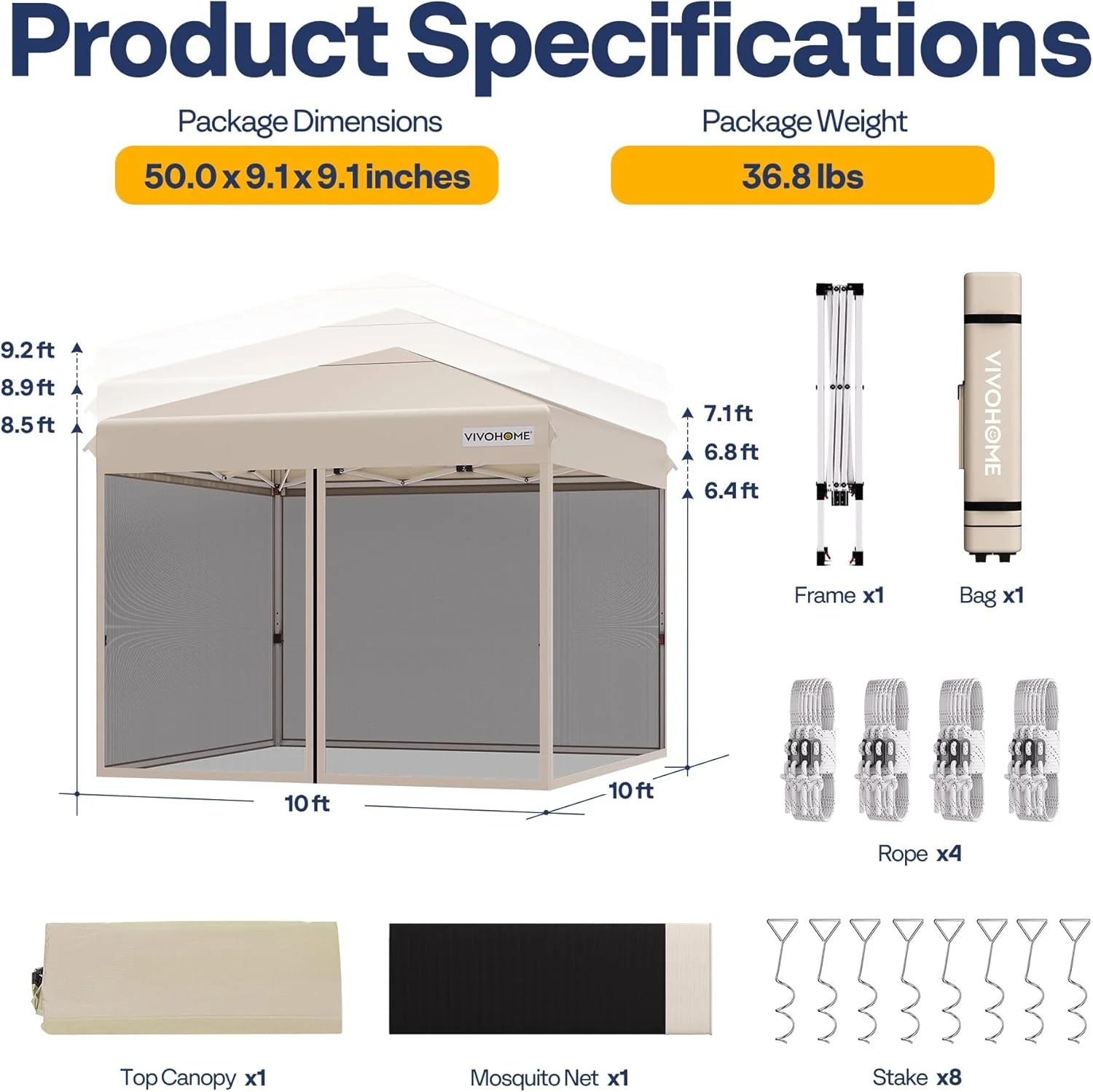 10x10ft Easy Pop-Up Canopy, Outdoor Screen Tent with Mosquito Netting, 2 Zipper Doors, and Roller Bag for Yard Camping Picnic Party Events, Beige