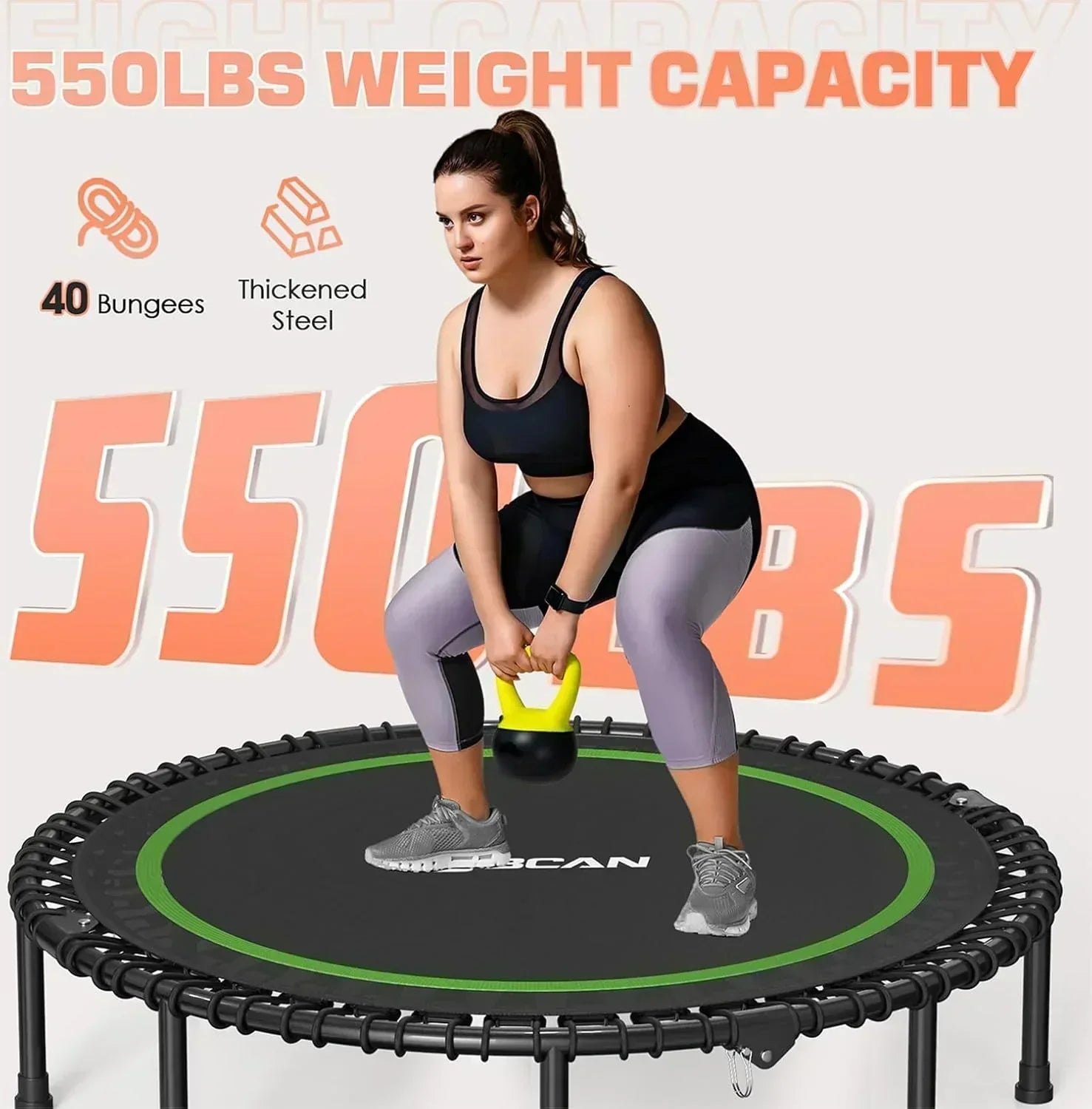 BCAN 450/550 LBS Foldable Mini Trampoline Fitness Trampoline Bungees Adjustable Foam Handle