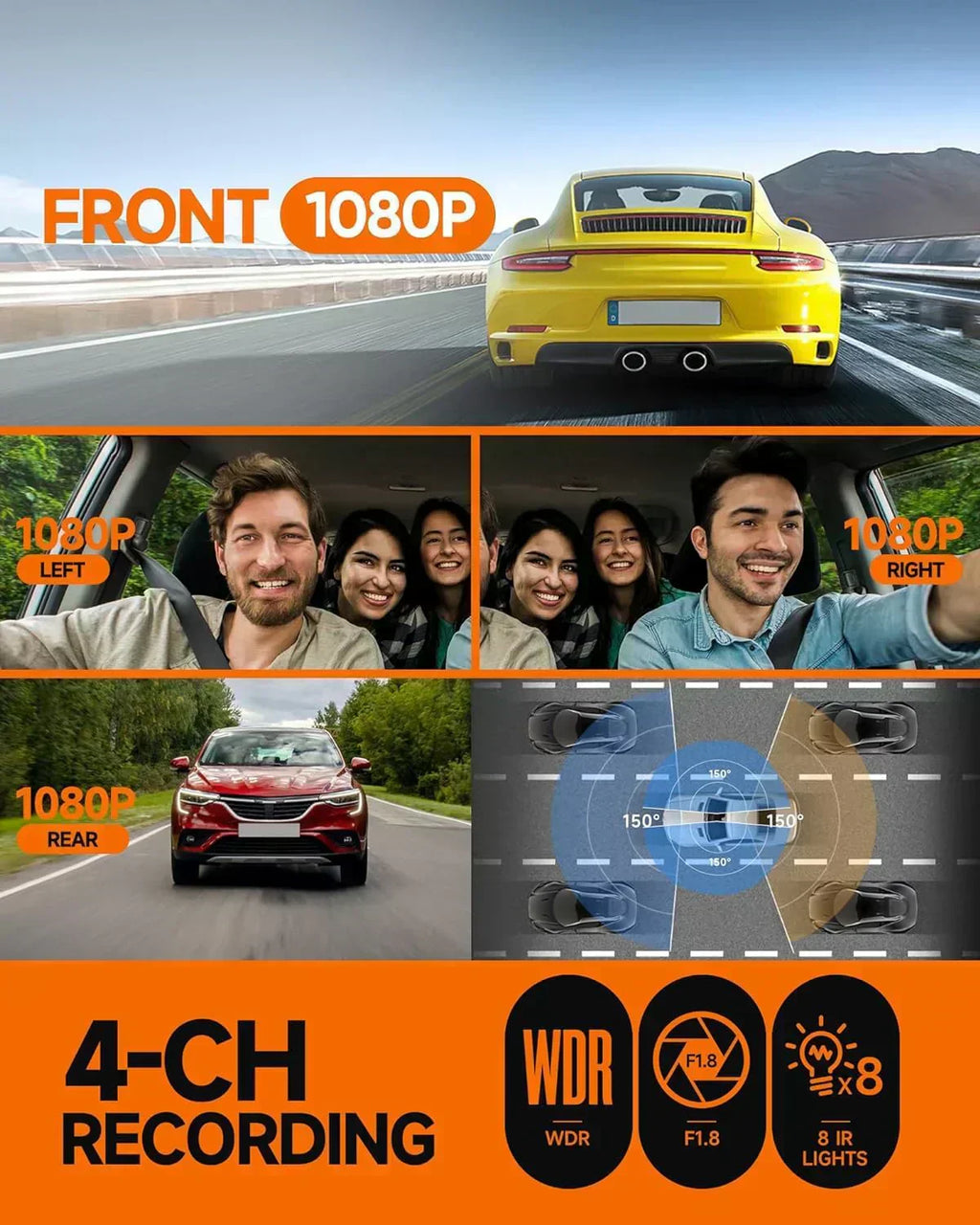 360�� Dash Cam 4-Channel FHD 4*1080P Wi-Fi GPS Voice Control Car Camera Front 2K+1080P