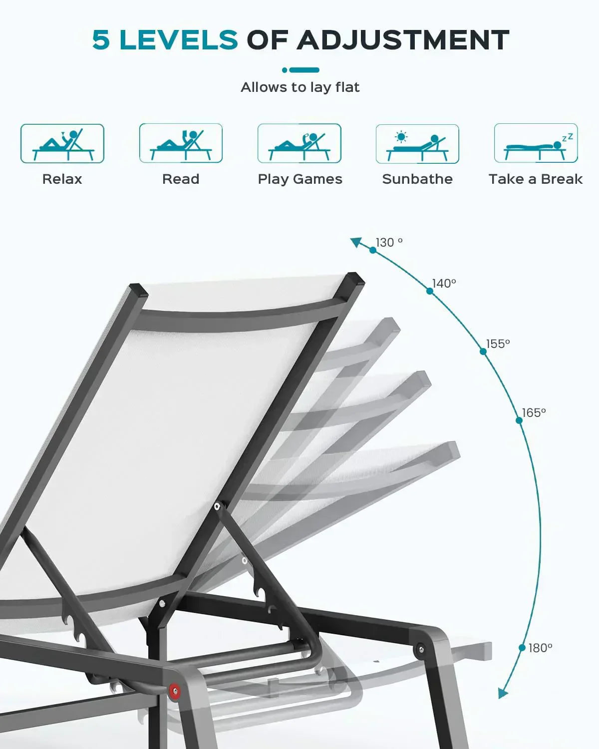 Aluminum Chaise Lounge Outdoor Foldable Assemble Free Outdoor Lounge Chair 5 Adjustable Backrest