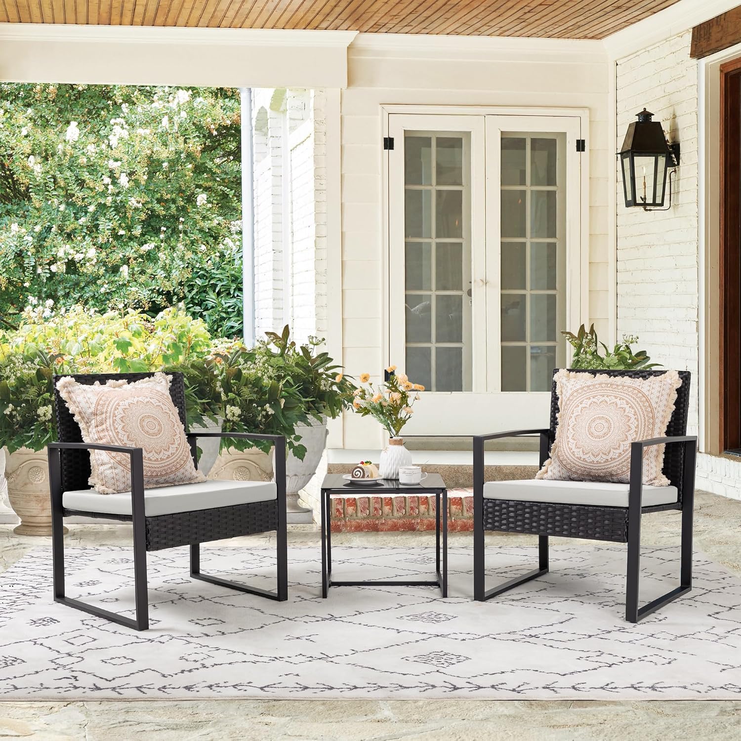 Flamaker 3 Pieces Patio Set Outdoor Wicker Furniture Sets Modern Rattan Chair Conversation Sets with Coffee Table for Yard and Bistro (Black)
