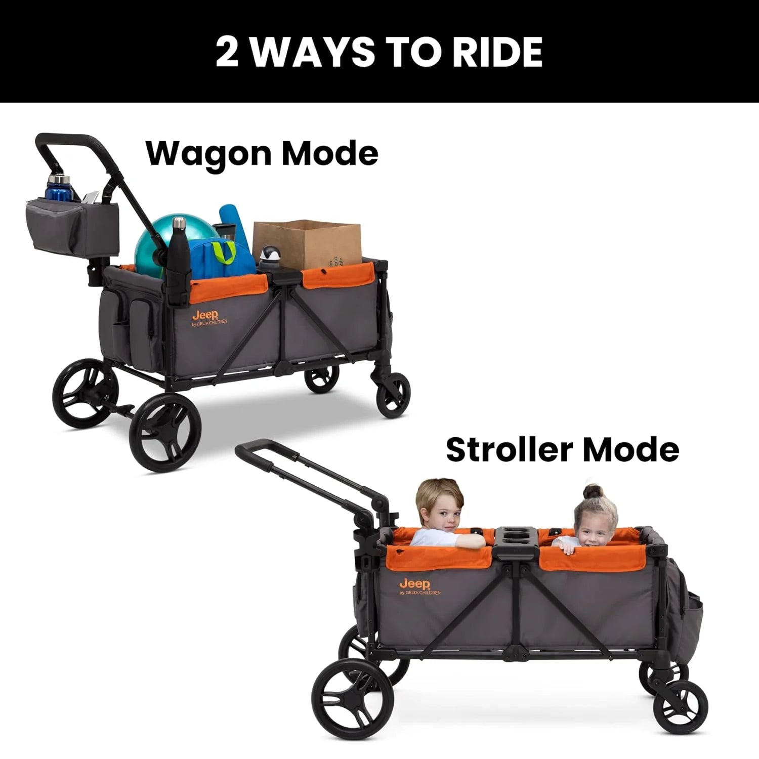 Jeep Sport All-Terrain Stroller Wagon by Delta Children - Includes Canopy, Parent Organizer, Adjustable Handlebar, Snack Tray & Cup Holders, Grey/Olive Green
