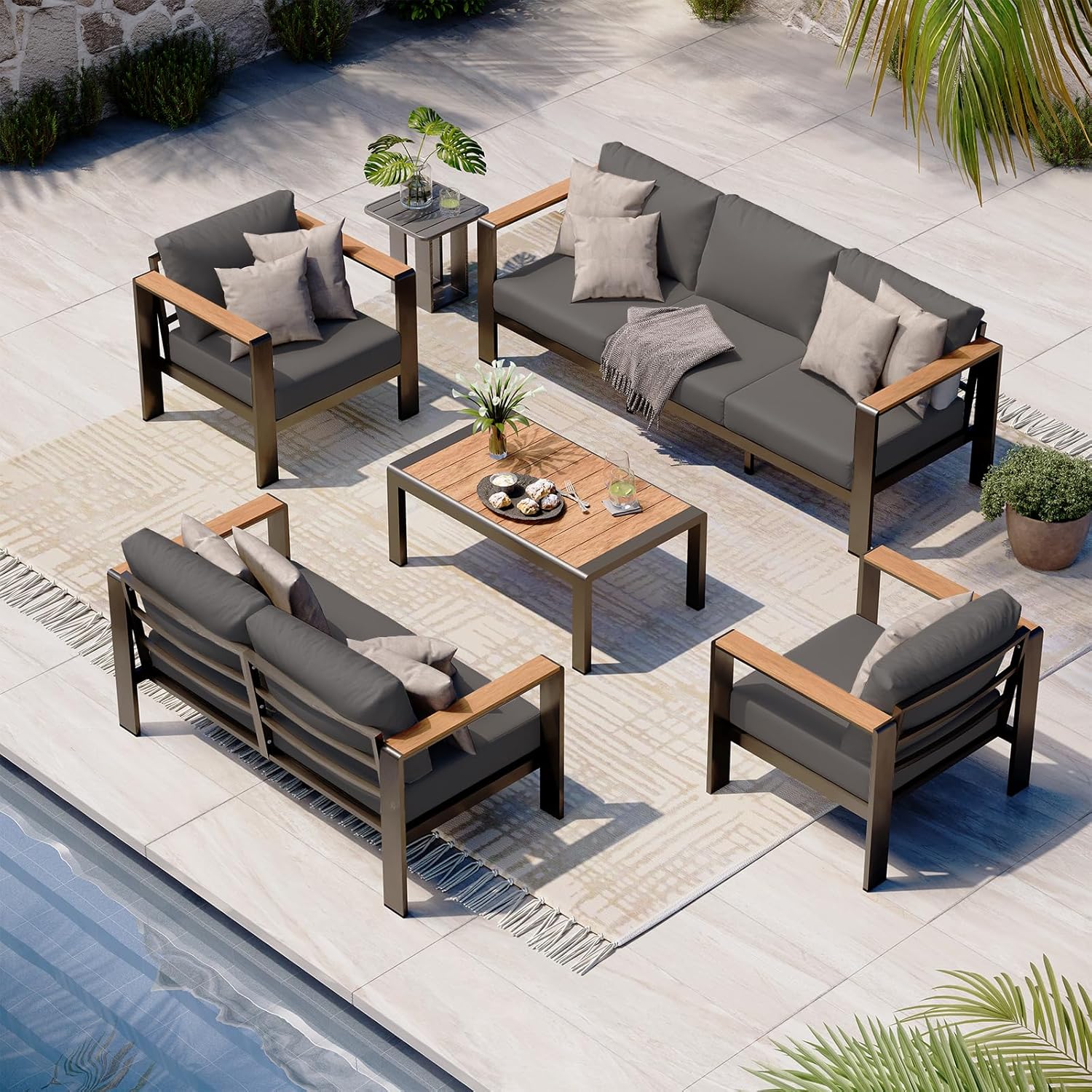 Aluminum Outdoor Patio Furniture Set with Coffee Table, 5 Piece Patio Conversation Sets, Outdoor Sectional Furniture for Porch, Balcony, Yard, Gray