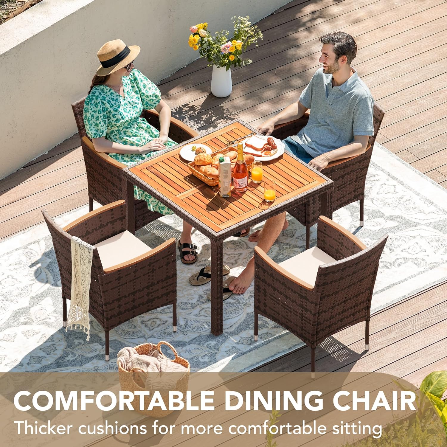 Devoko Dining 7 PCS Furniture, Patio Conversation Set with Acacia Wood Table Top, Rattan Outdoor, Black