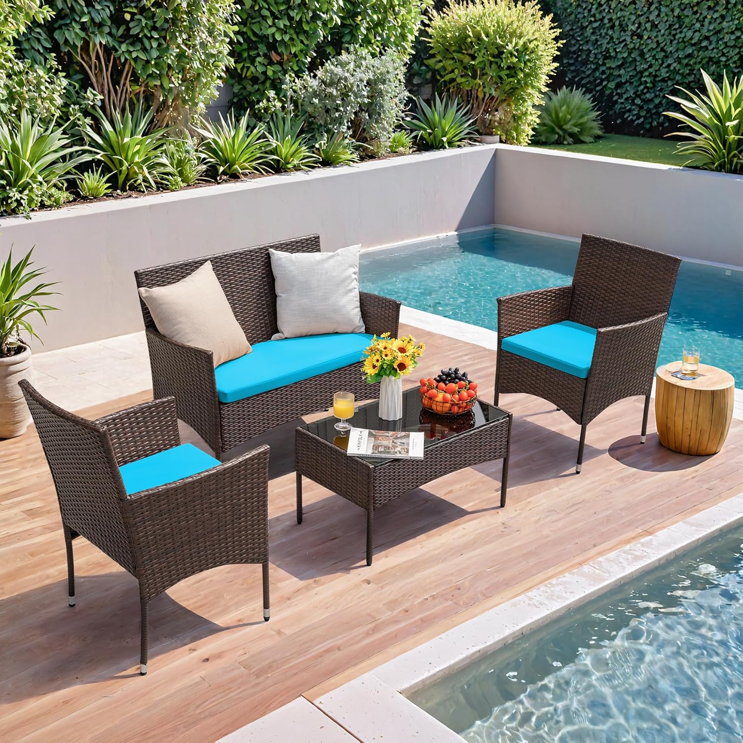 Homall 4 Pieces Outdoor Patio Furniture Sets Rattan Chair Wicker Set, Outdoor Indoor Use Backyard Porch Garden Poolside Balcony Furniture Sets Clearance (Brown and Beige)